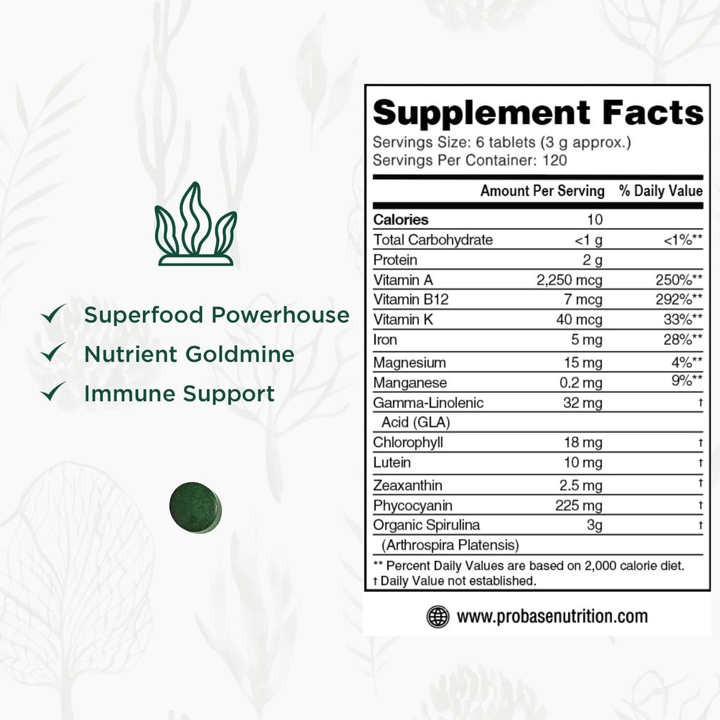 Probase Nutrition Organic Spirulina Supplement Tablets, 720 Count