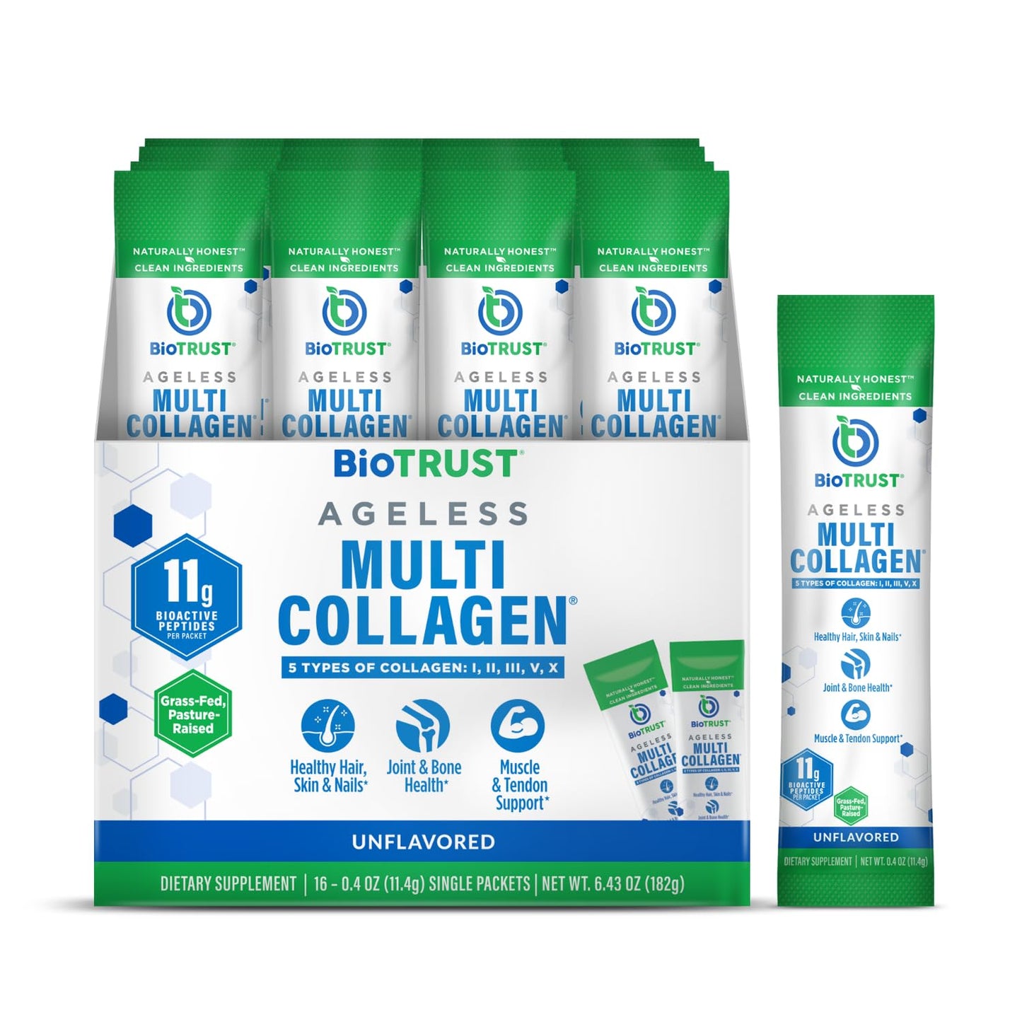 BioTrust Ageless Multi Collagen Peptides Powder, Unflavored, 16 Packets