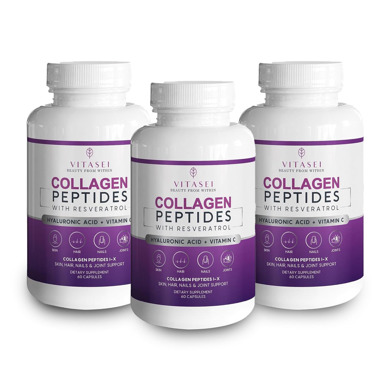 VITASEI Collagen Peptide Capsules with Hyaluronic Acid, Vitamin C, Biotin and Resveratrol - 180 Capsules