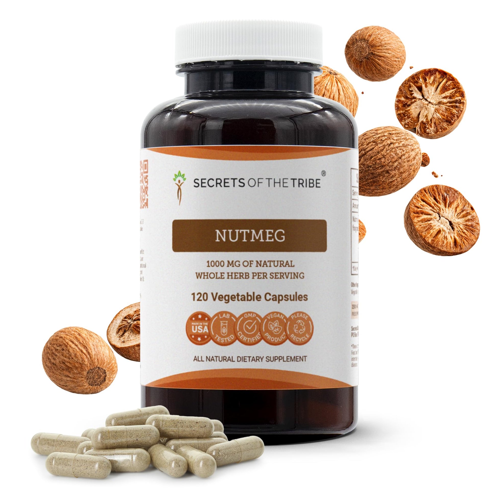 Secrets of the Tribe Nutmeg 1000 mg Capsules, 120 Count