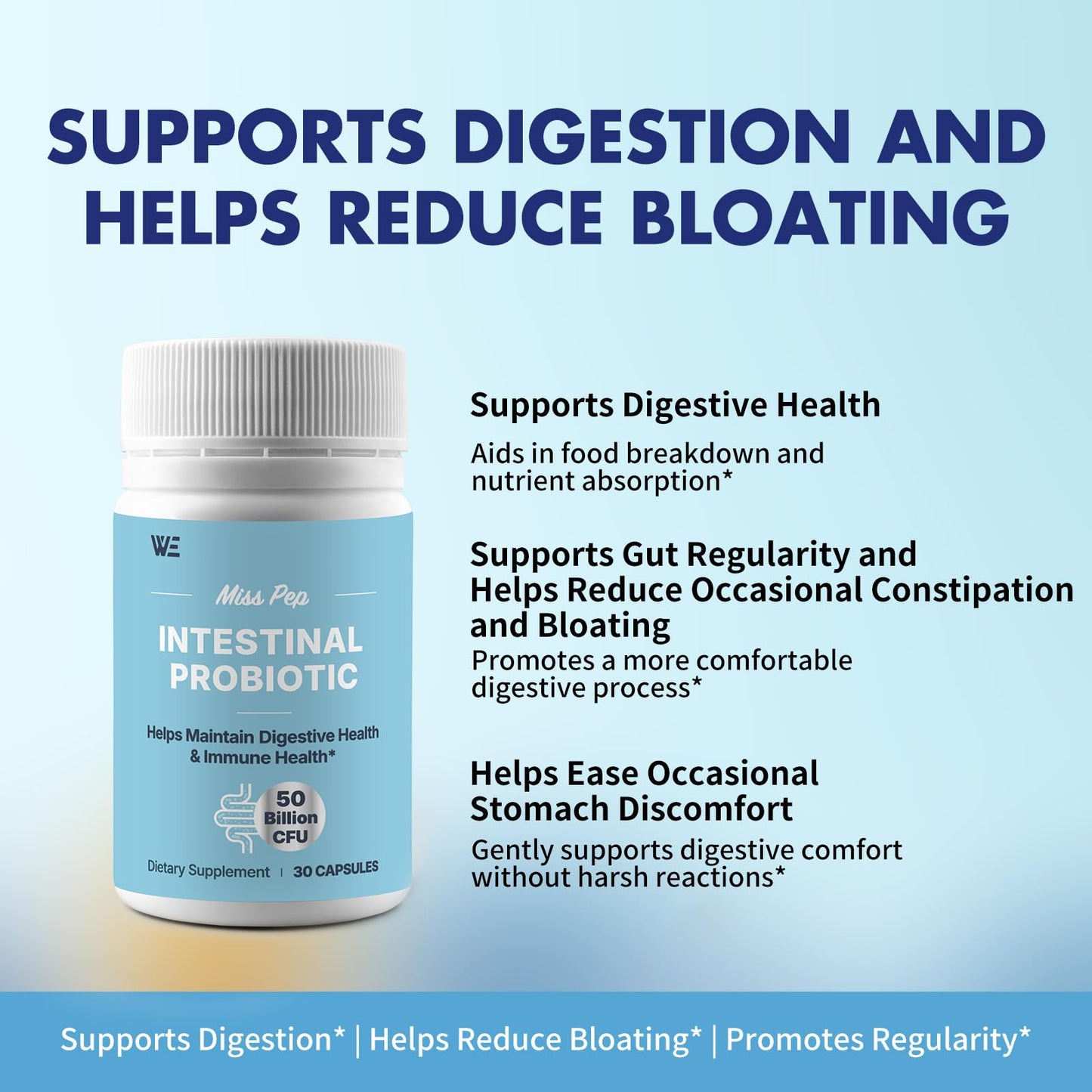 MISS PEP Probiotics 50 Billion CFU - 8 Unique Strains + 3 Prebiotics - Immune, Digestive & Gut Health - Supports Occasional Constipation, Diarrhea, Gas & Bloating - Probiotics for Women & Men Capsule 30 Count