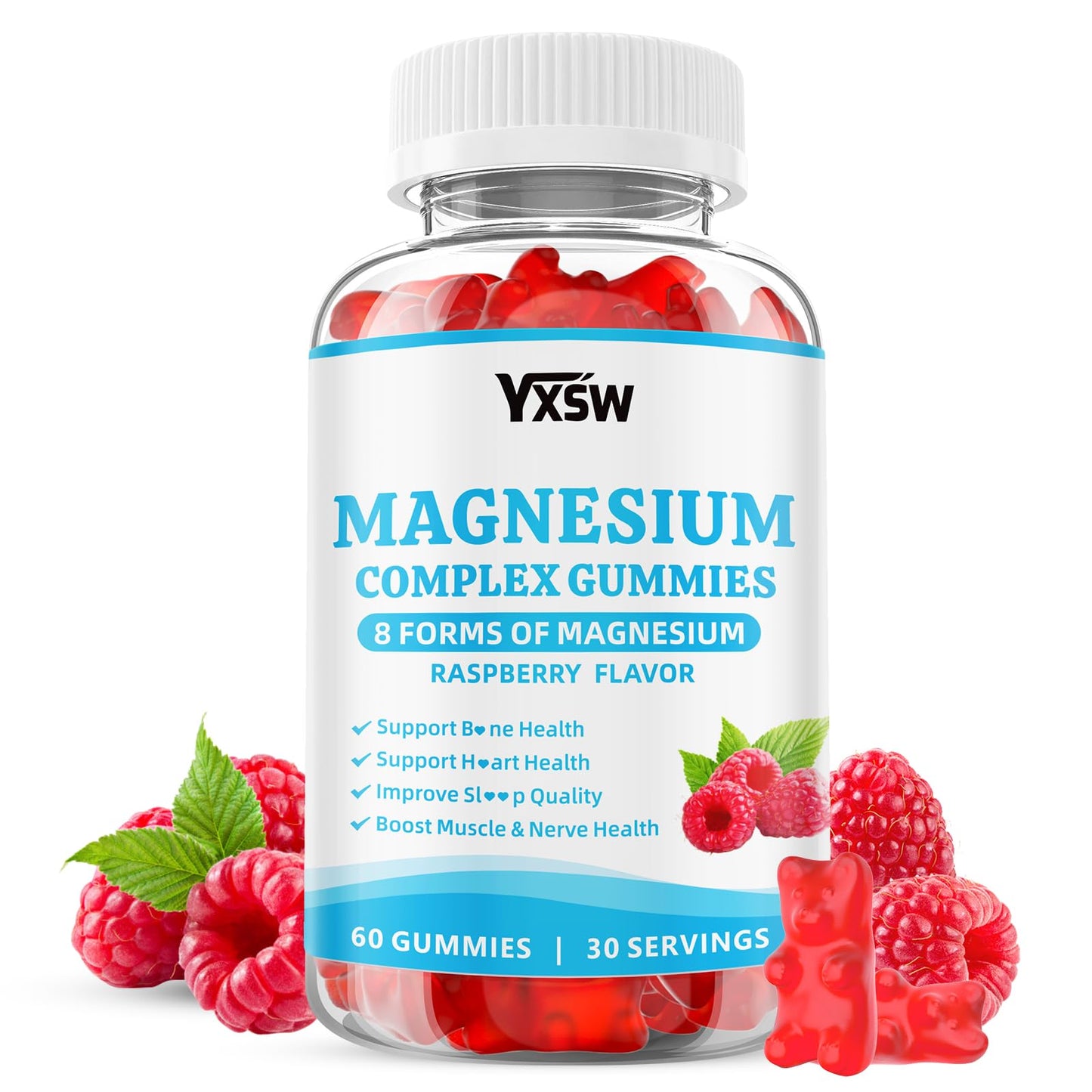 YXSW Magnesium Complex Gummies 1000mg - 8 Elemental Magnesium Glycinate, Citrate, Malate, Taurate, Raspberry Flavor, 60 Count