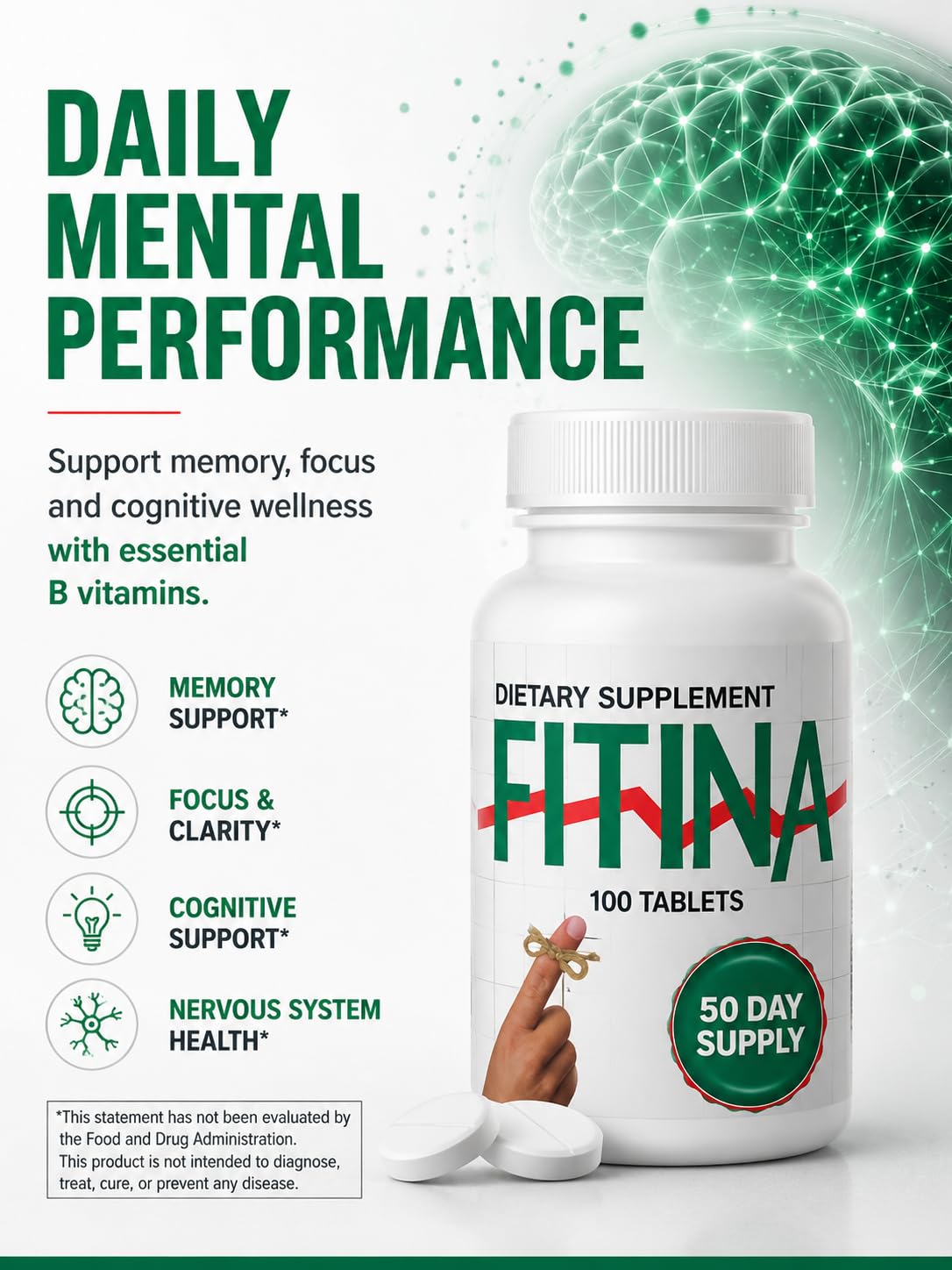 Fitina Brain Supplement with Vitamin B6 & Thiamine for Memory, Focus and Cognitive Support Capsule 100