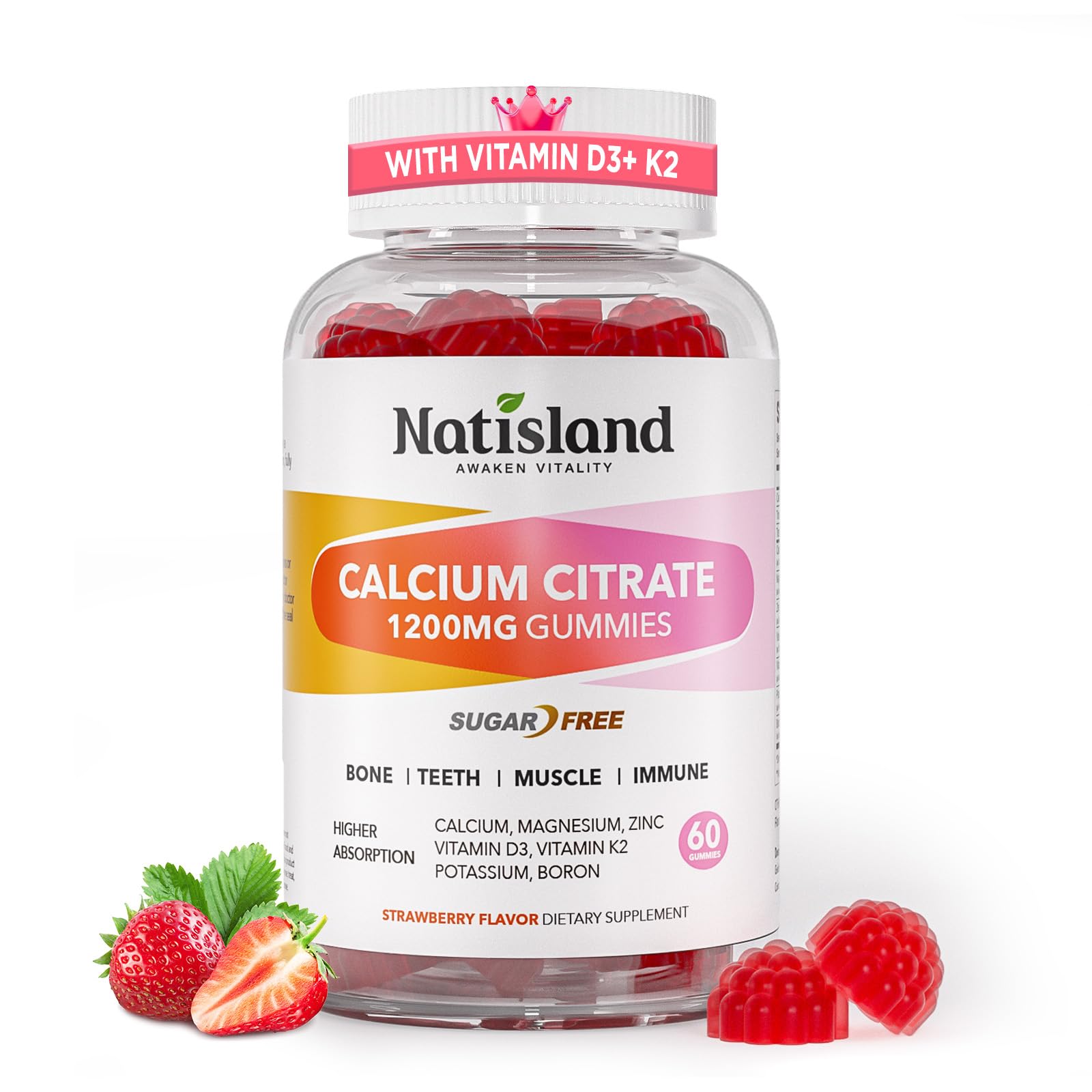 NATISLAND Calcium 1200 mg with Vitamin D3, K2, High Absorption Calcium Citrate with Vitamin D3, K2, Magnesium, Zinc, Potassium, Boron, Sugar-Free, Vegan, 60 Gummies