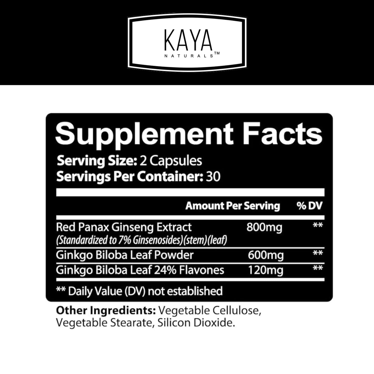 Kaya Naturals Red Panax Ginseng + Ginkgo Biloba Capsules 60 Capsules