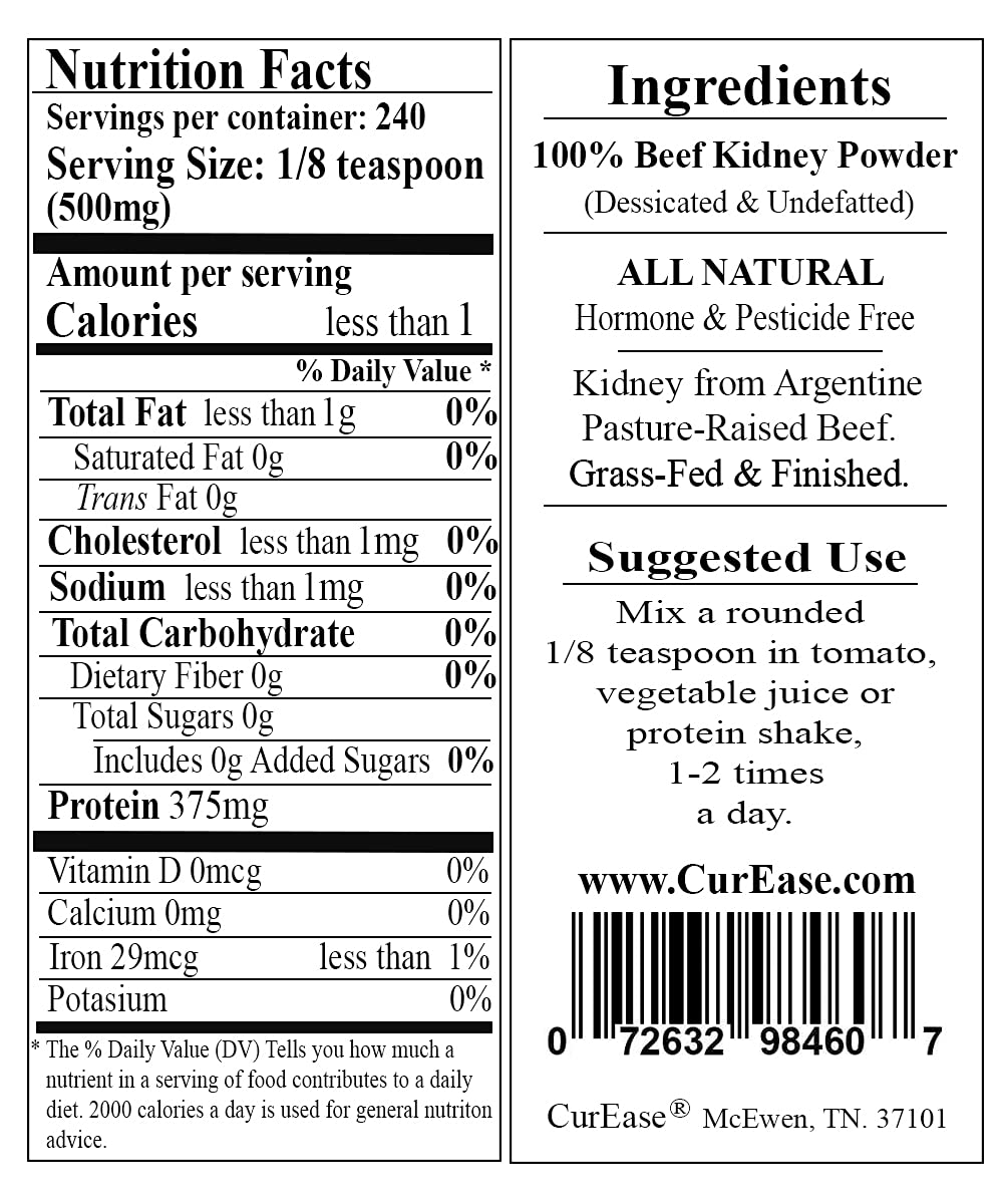 CurEase Argentine Beef Kidney Powder, Grass Fed & Finished, 240 Servings