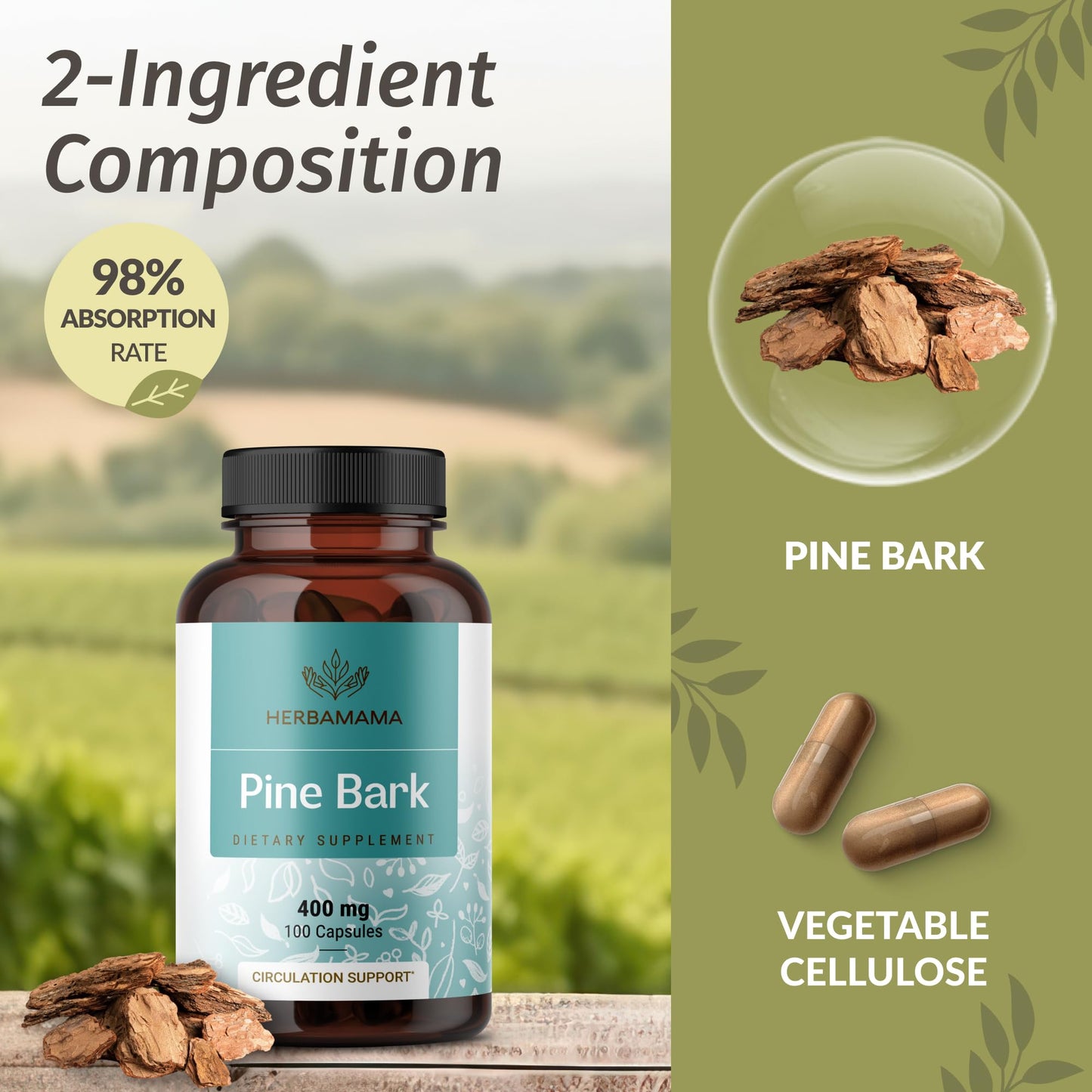 HERBAMAMA Pine Bark Extract Capsules 400mg French Maritime Pine Bark Extract Powder for Antioxidant Support - Vegan, Non-GMO Pinus Pinaster Supplement, 100 Capsules
