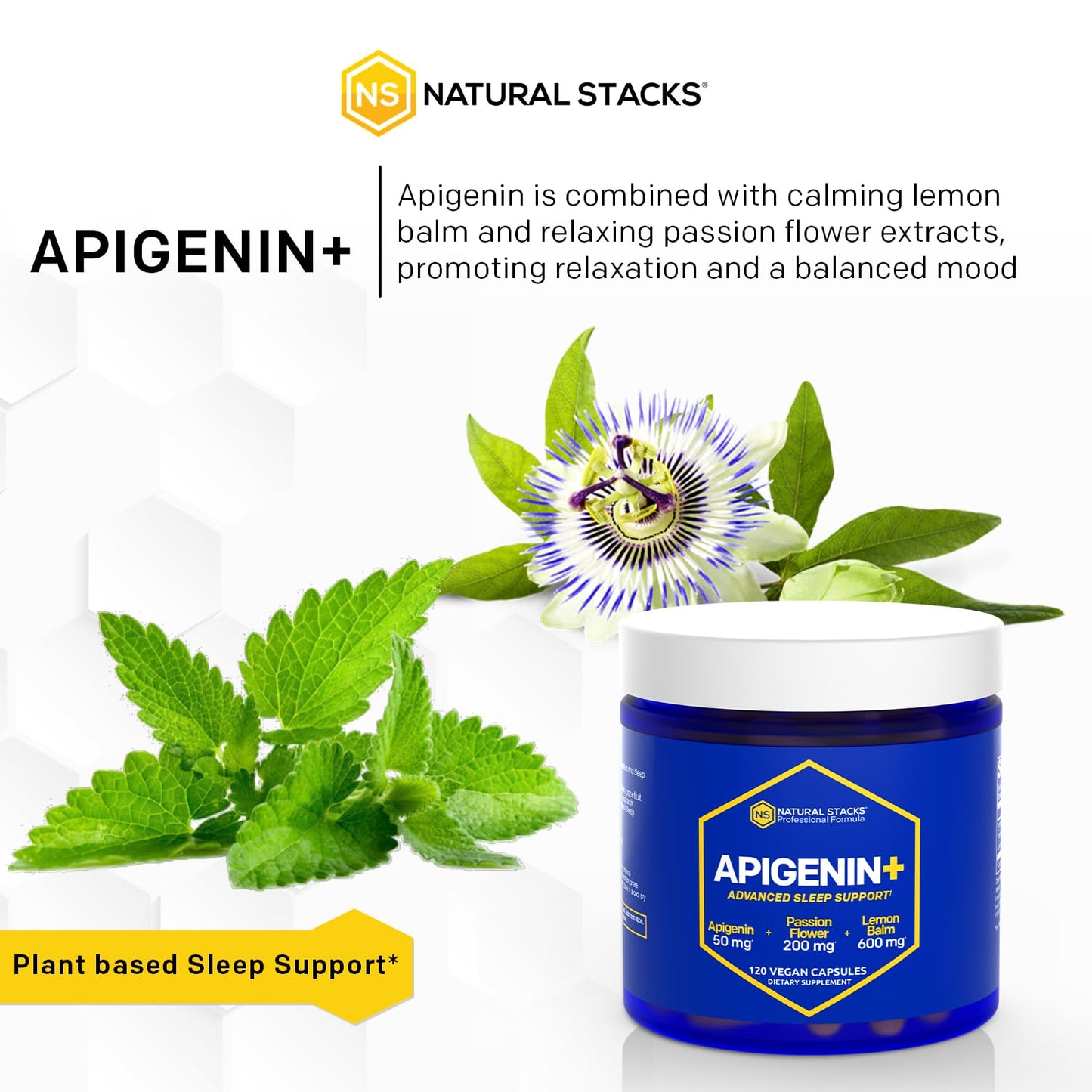 Natural Stacks Apigenin Sleep Supplement - 50mg Apigenin & 600mg Lemon Balm, Melatonin-Free Sleep Aid with Passion Flower Extract for Stress Support, 120 Capsules