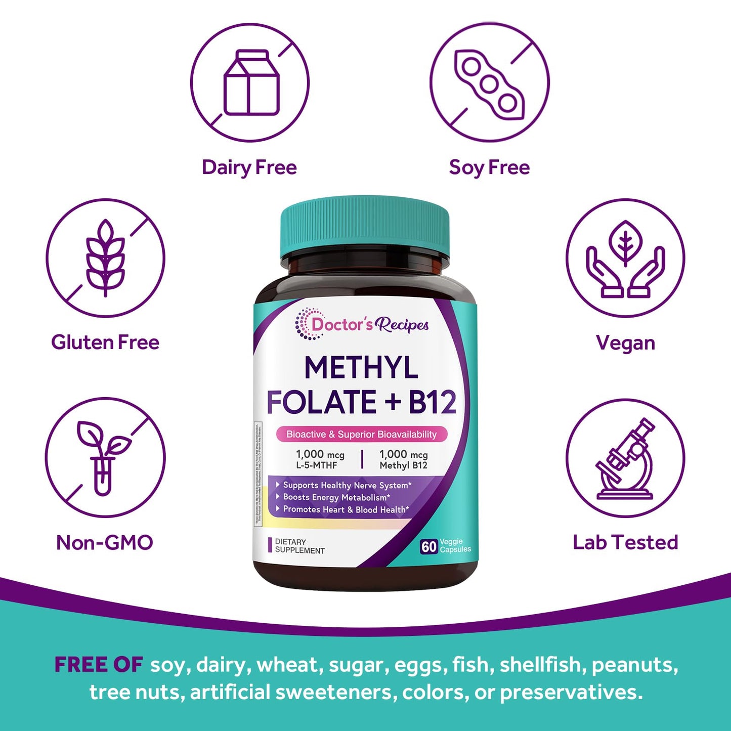 Doctor's Recipes Methyl Folate & B12 Supplement Capsules, 60 Count