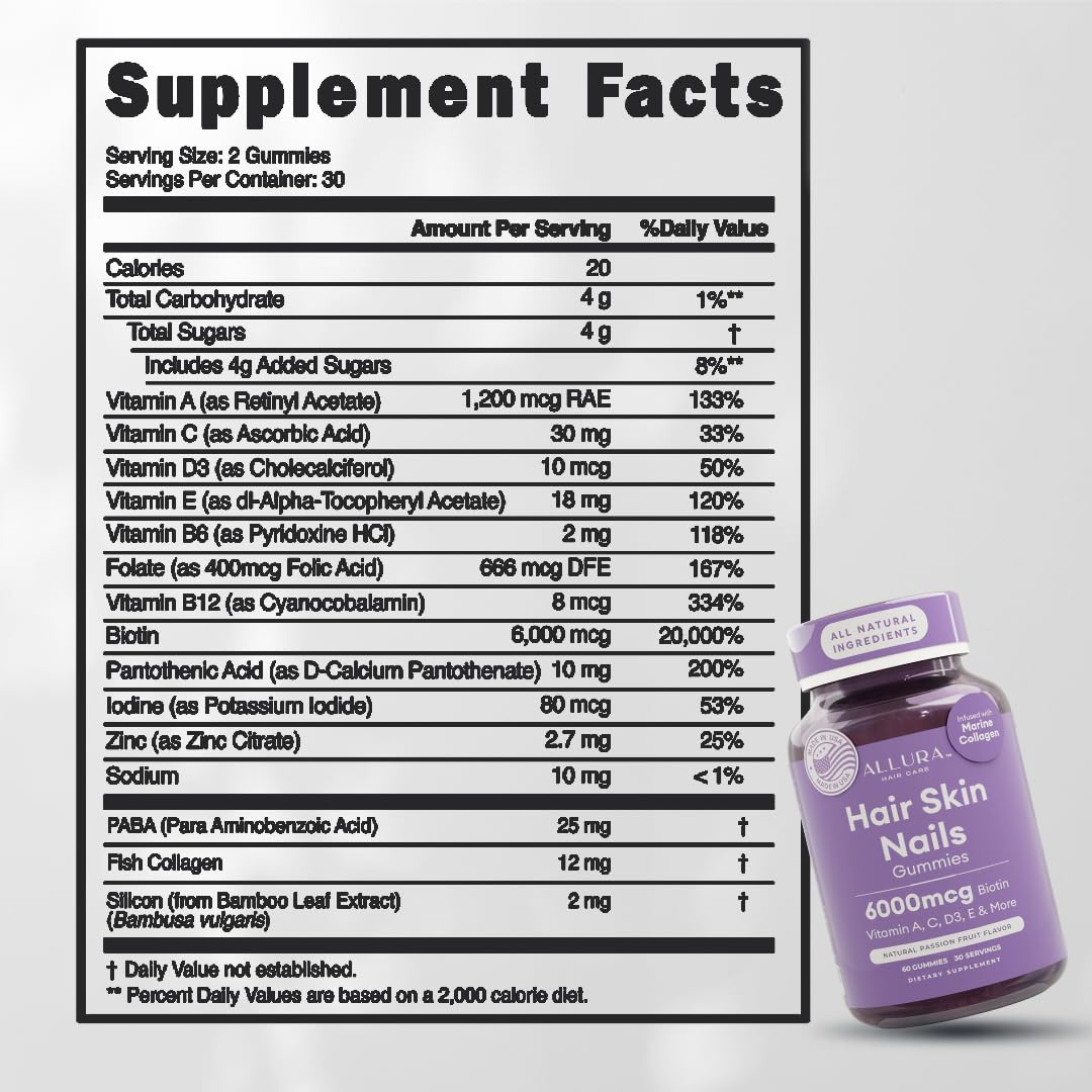 ALLURA HAIR Biotin Gummies 6000mcg for Hair, Skin & Nails, Extra Strength, 60 Gummies