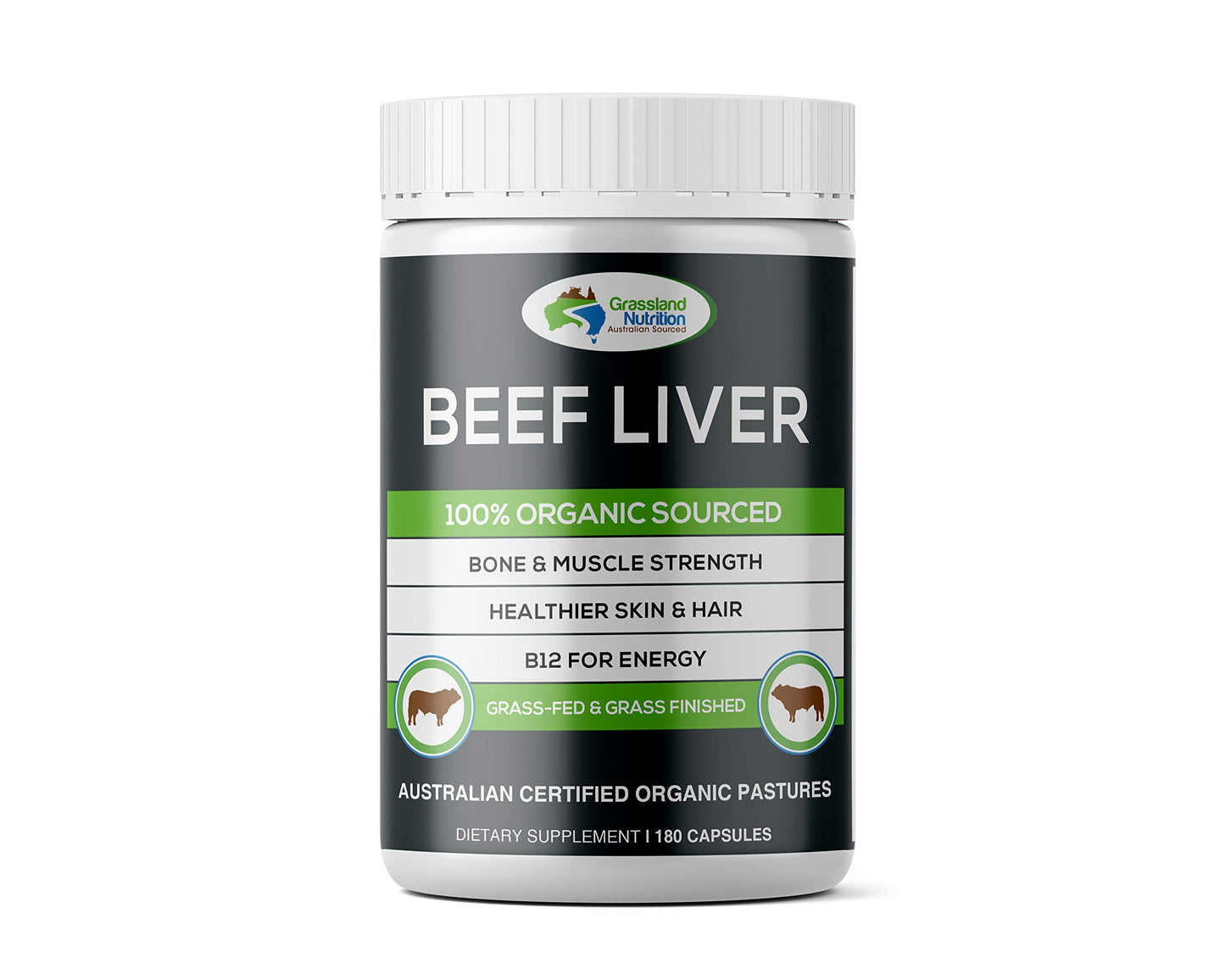 Grassland Nutrition Grass Fed Beef Liver 100% Organic Sourced — Natural B12 for Energy, Iron & Vitamin A (180 Capsules)