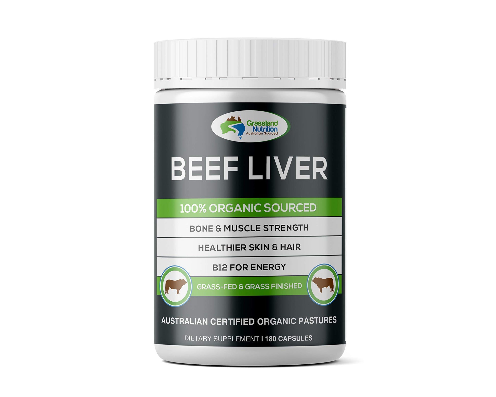 Grassland Nutrition Grass Fed Beef Liver 100% Organic Sourced — Natural B12 for Energy, Iron & Vitamin A (180 Capsules)