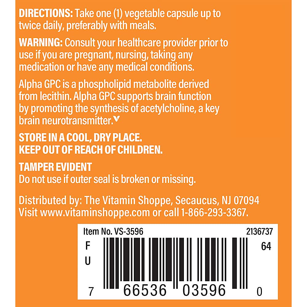 The Vitamin Shoppe Alpha GPC (Alpha-Glyceryl-Phosphoryl-Choline) 300mg Capsule 60 Count