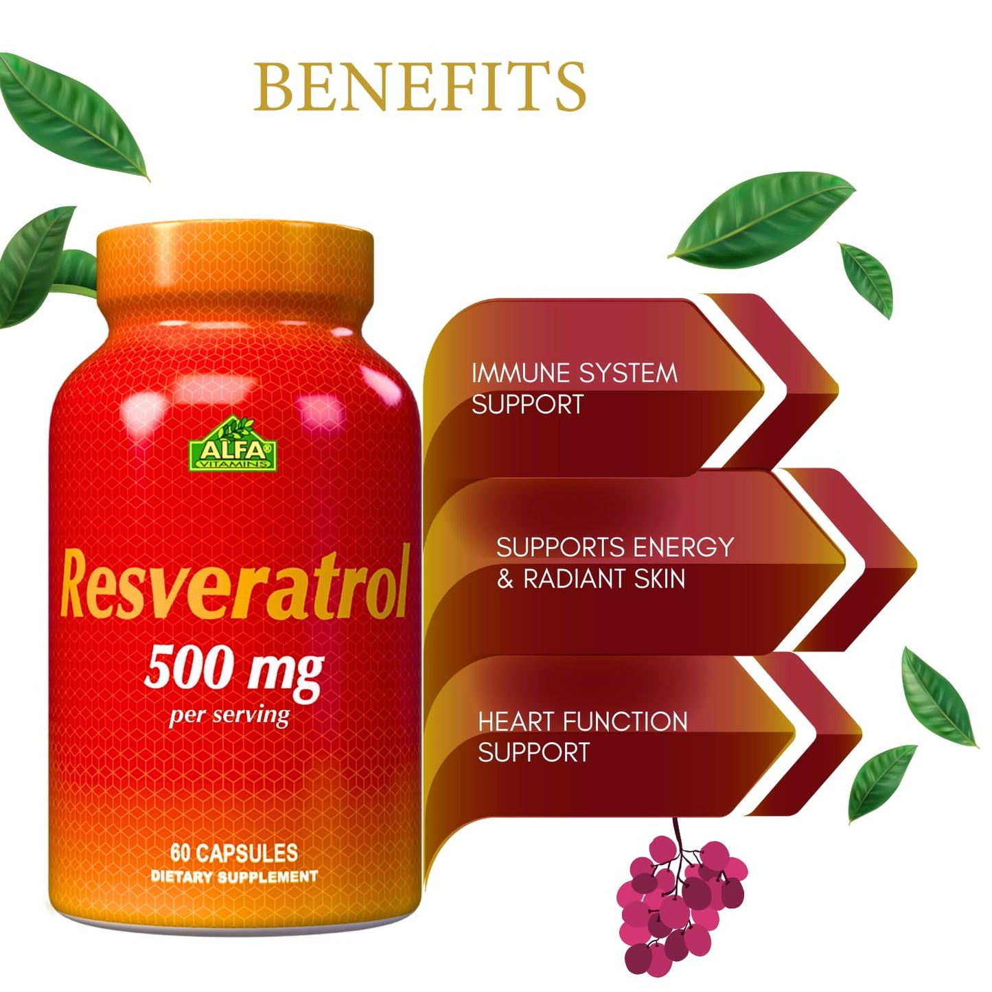 ALFA VITAMINS Resveratrol 1000mg Capsule, 60 Count