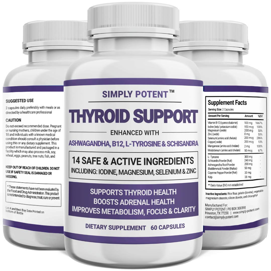 Simply Potent Thyroid Support & Adrenal Support Supplement 2-in-1 Natural Formula with Iodine & Ashwagandha, 60 Capsules