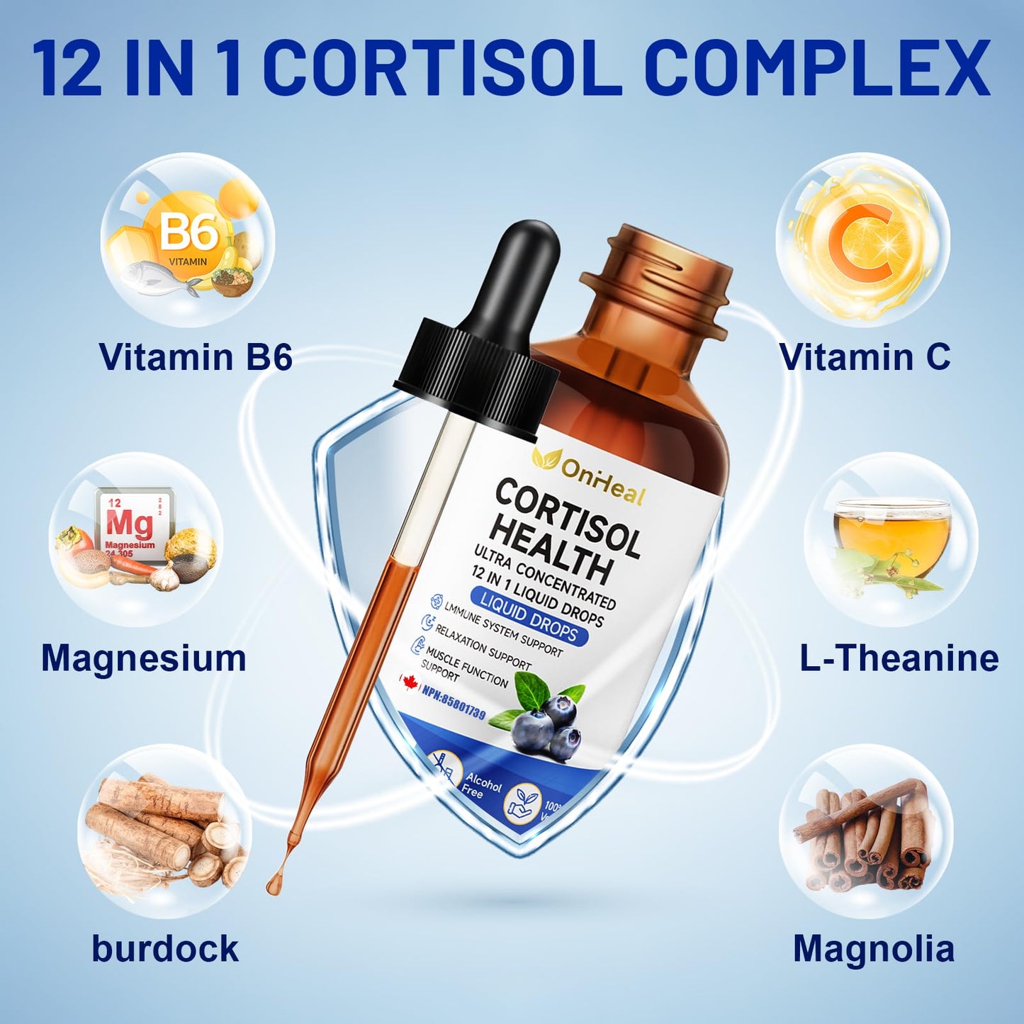 YBFQ Cortisol Supplement 12-in-1 Detox & Regulation Formula with Magnesium, L-Theanine & Hormone Balance Drops Capsule, 1 Count