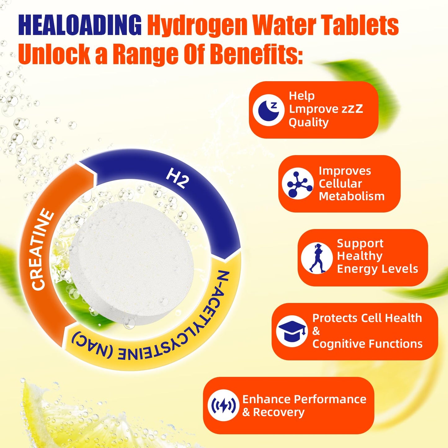 HEALOADING Hydrogen Water Tablets with Magnesium, 12.4PPM Molecular Hydrogen Supplement, 15 Tablets