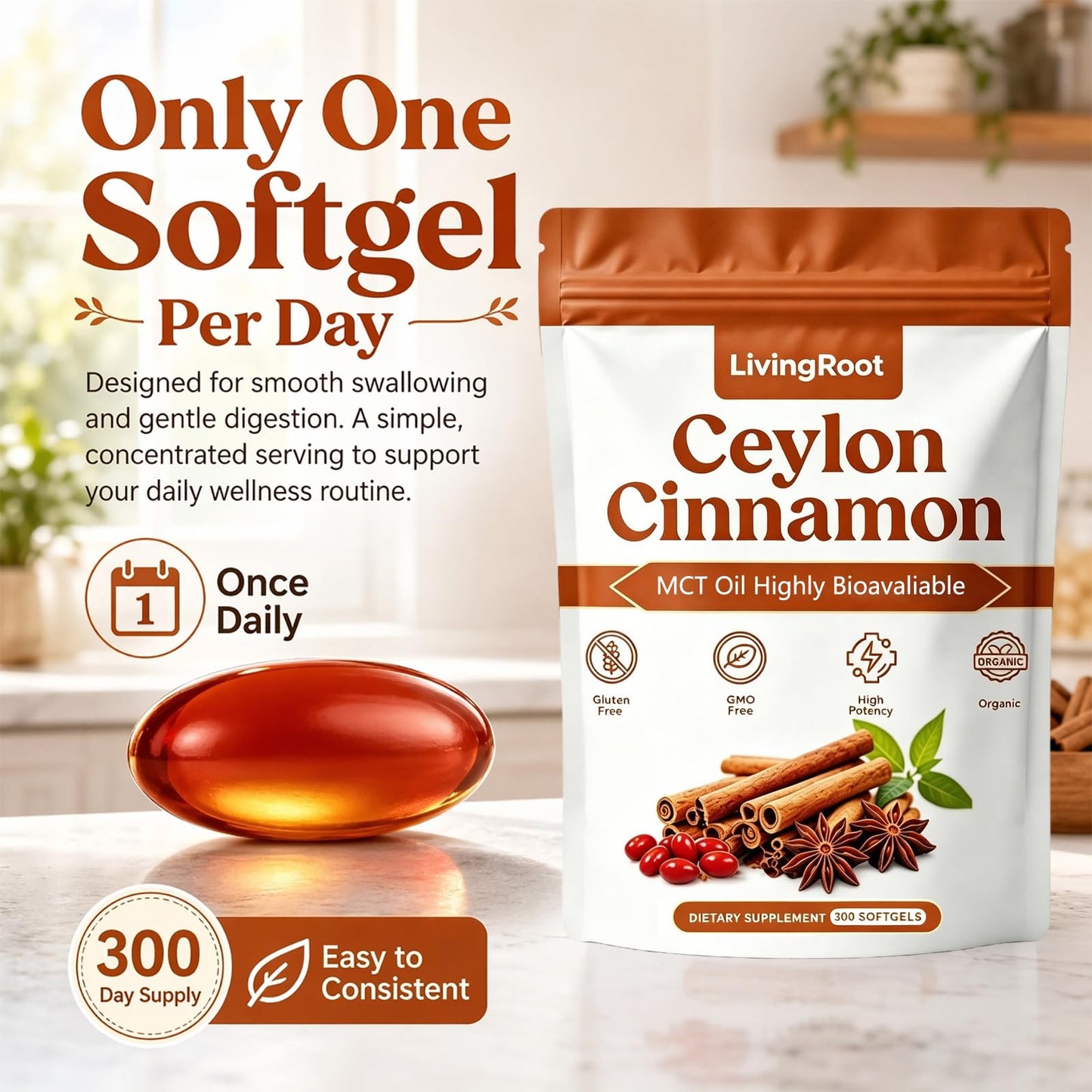LivingRoot Ceylon Cinnamon Capsule with MCT Oil, 300 Count