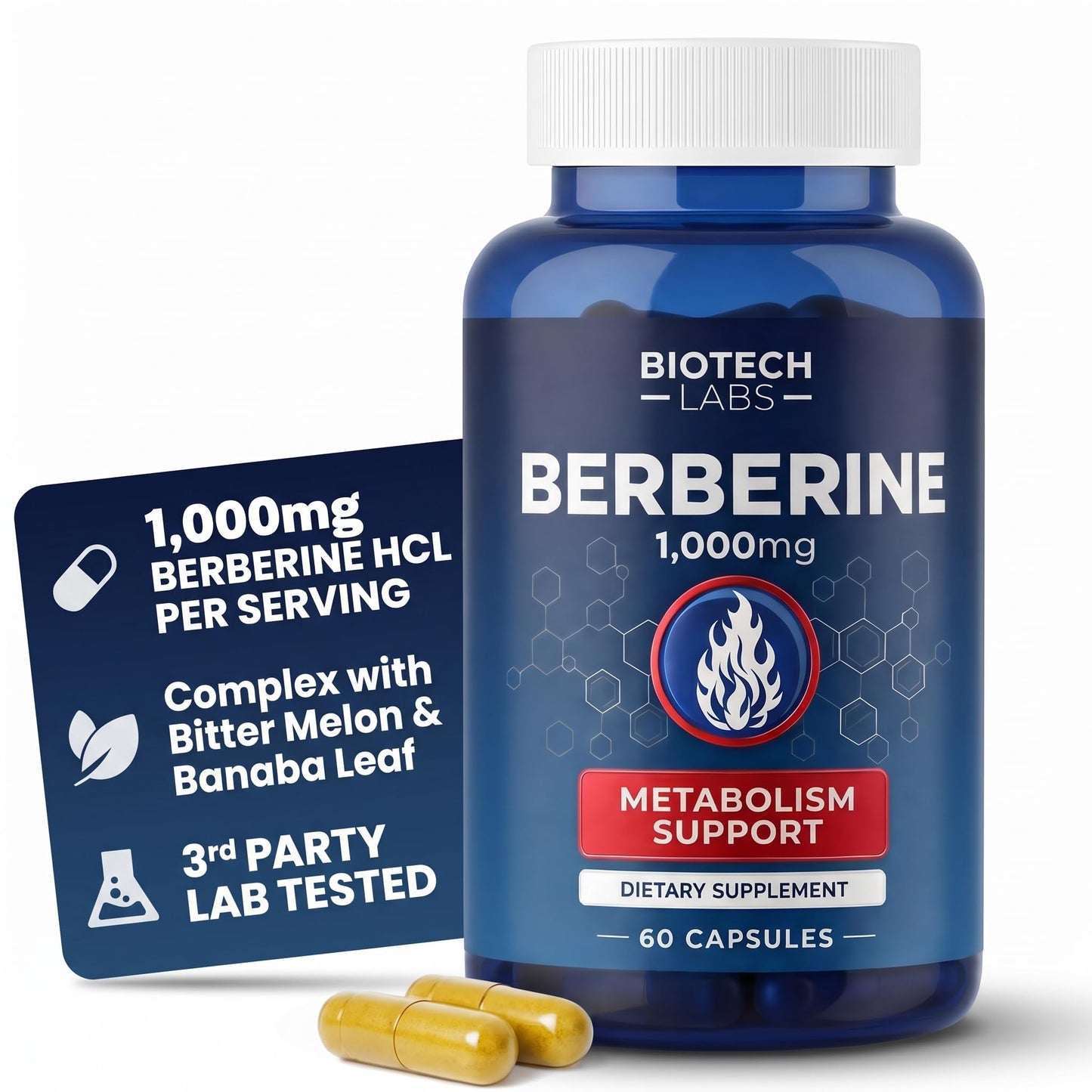 Biotech Labs Berberine HCl 1000 mg with Bitter Melon and Banaba Leaf, 60 Capsules