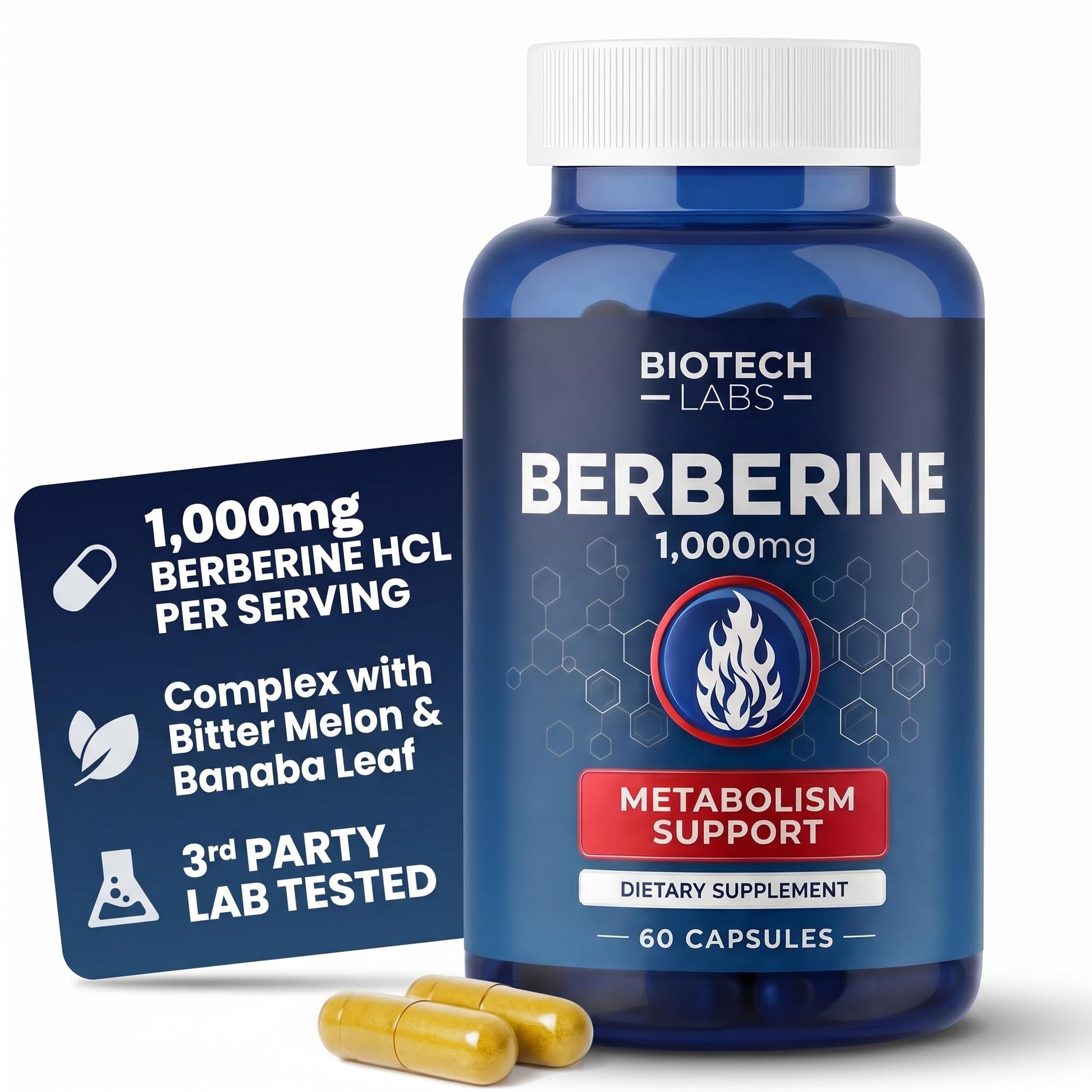 Biotech Labs Berberine HCl 1000 mg with Bitter Melon and Banaba Leaf, 60 Capsules
