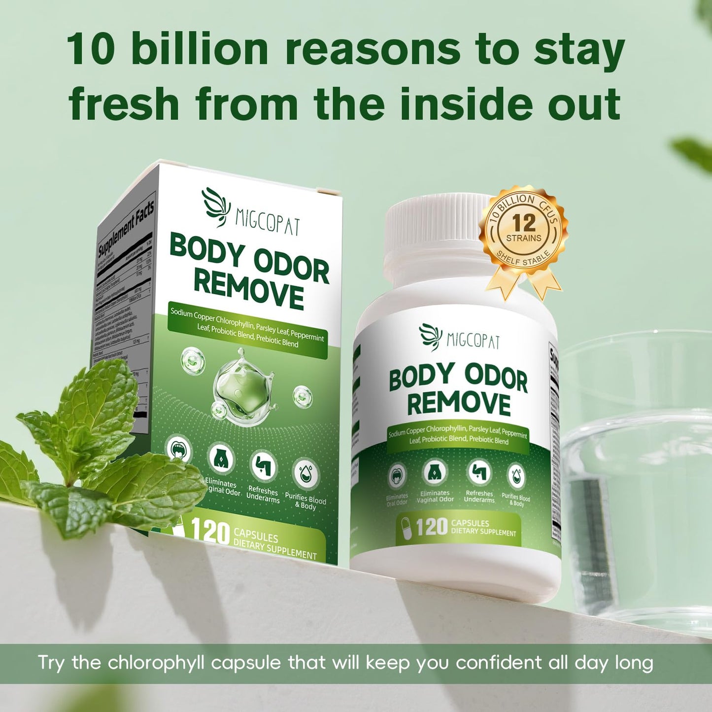 Migcopat Chlorophyll Body Deodorizing Supplement with 10 Billion CFU Probiotic, Vitamin C & E, Parsley, Peppermint, Green Tea, Prebiotics - Chlorophyll Capsules, 120 Capsules