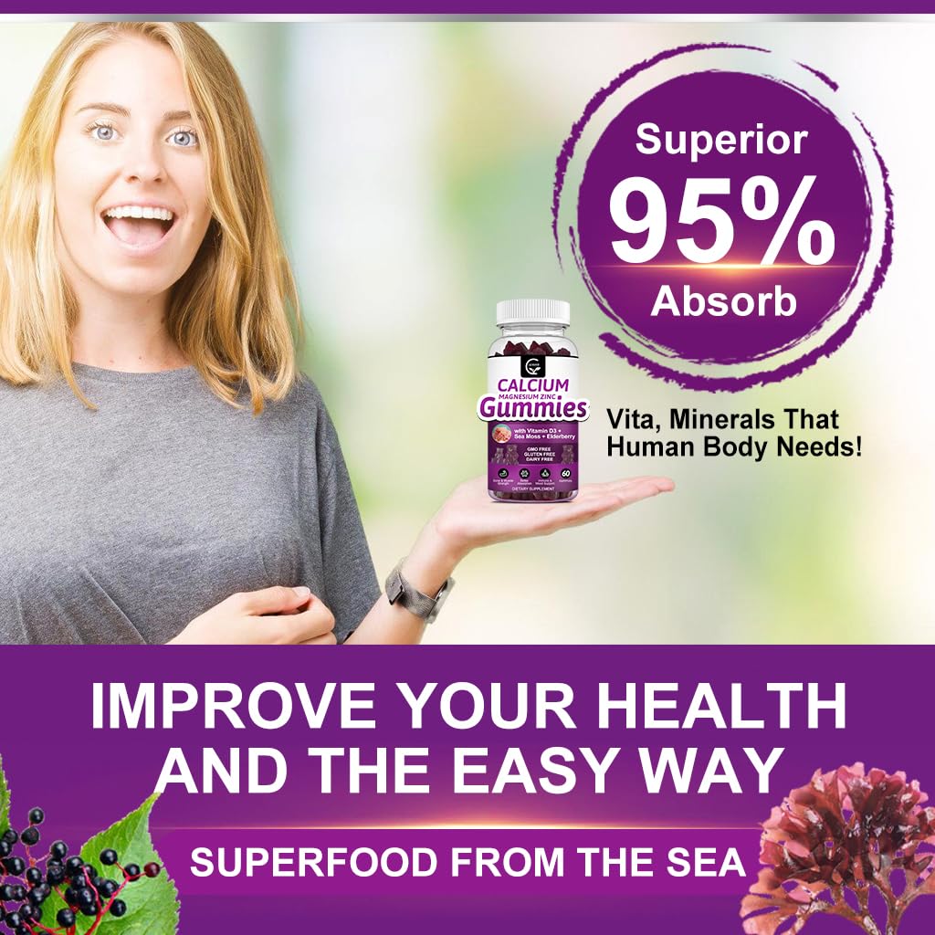 GORNVB Calcium Magnesium Zinc Gummies with Magnesium Glycinate 300mg, Potassium Plant Complex, 2:1 Calcium Magnesium Ratio, D3 Sea Moss, Vegan, 120 Gummies