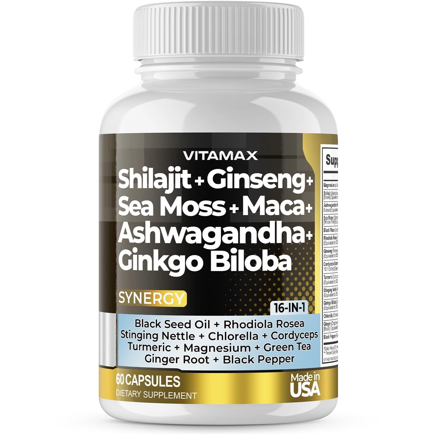 Vitamax Pure Himalayan Shilajit Supplement with Ashwagandha, Sea Moss, Rhodiola Rosea, Gingko Biloba - Fulvic Acid & Trace Mineral Capsules, 120 Count