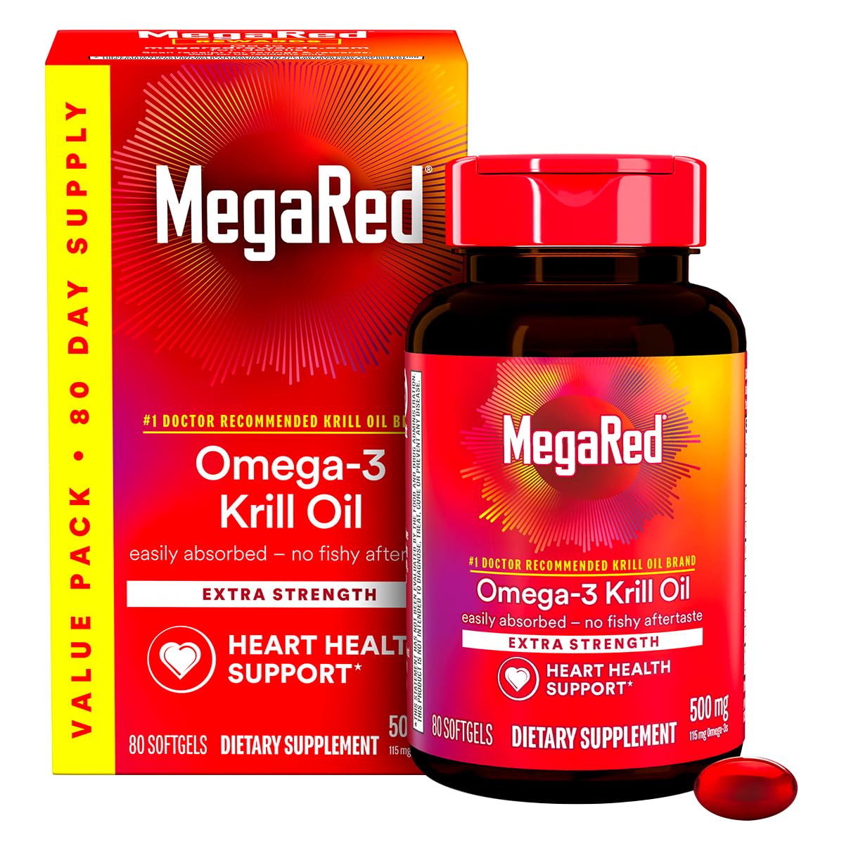 MegaRed Extra Strength 500mg Omega-3 Krill Oil Supplement with EPA/DHA, No Fishy Aftertaste Supports Heart Health Softgels 160