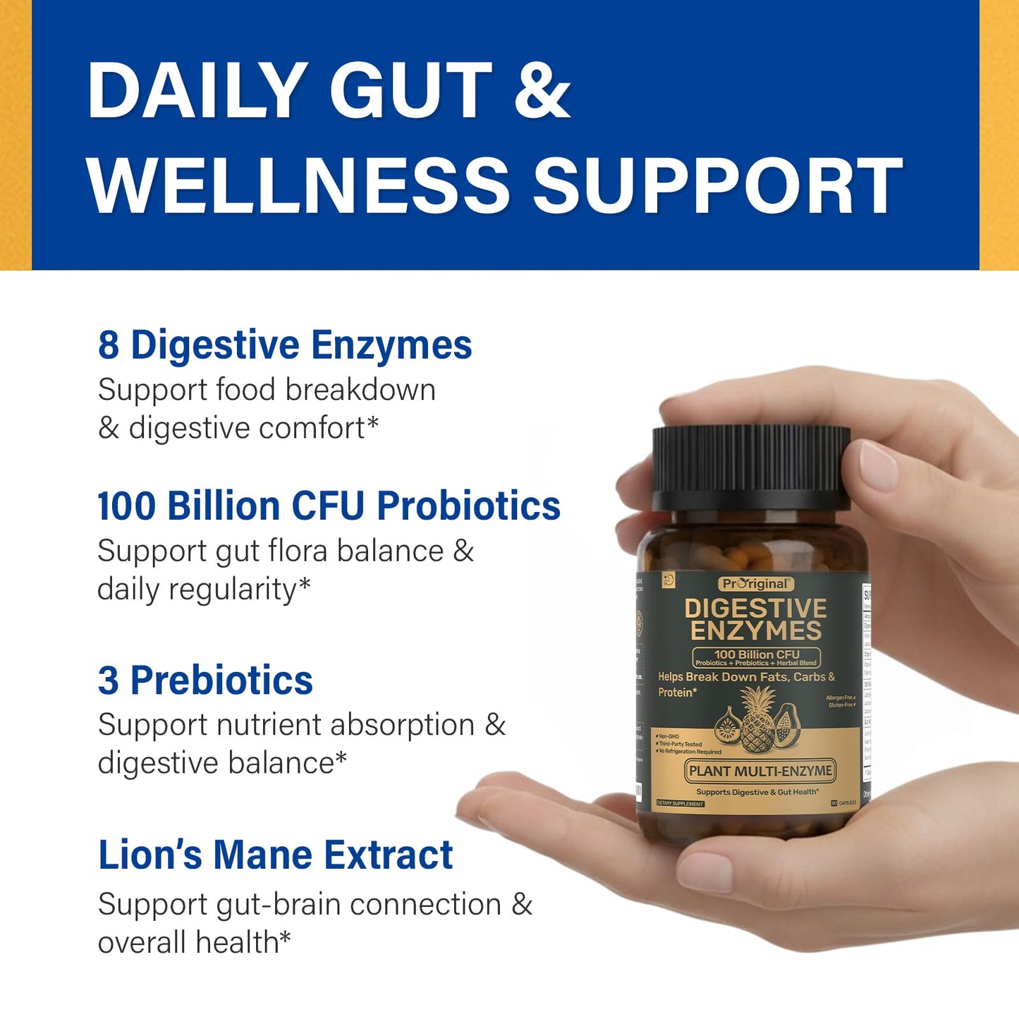 Proriginal Digestive Enzymes Supplement with 100 Billion CFU Organic Probiotic & Prebiotic - Multi-Enzyme Formula for Women & Men - Digestive & Gut Health - 120 Capsules