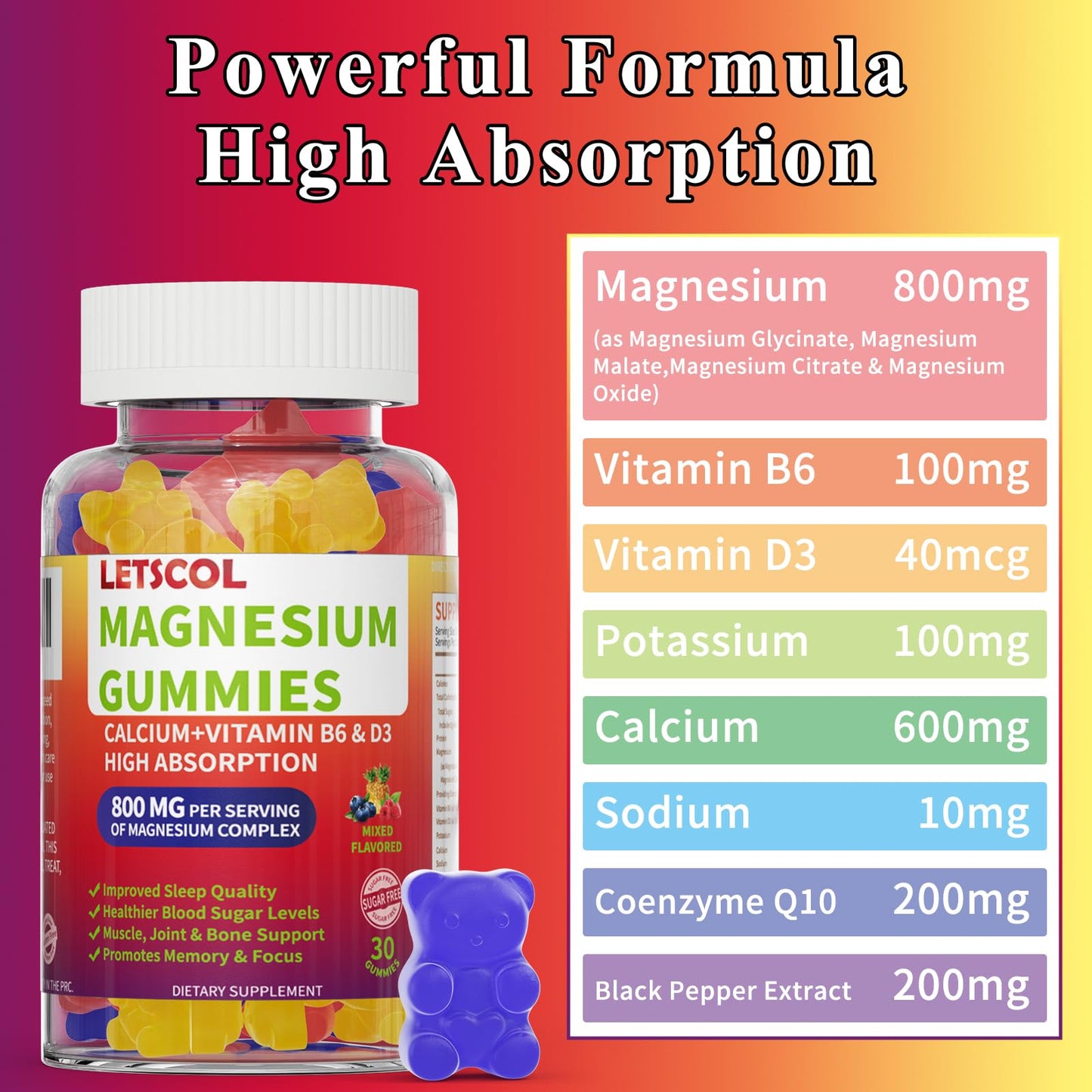LETSCOL Magnesium Glycinate Gummies 30 Count