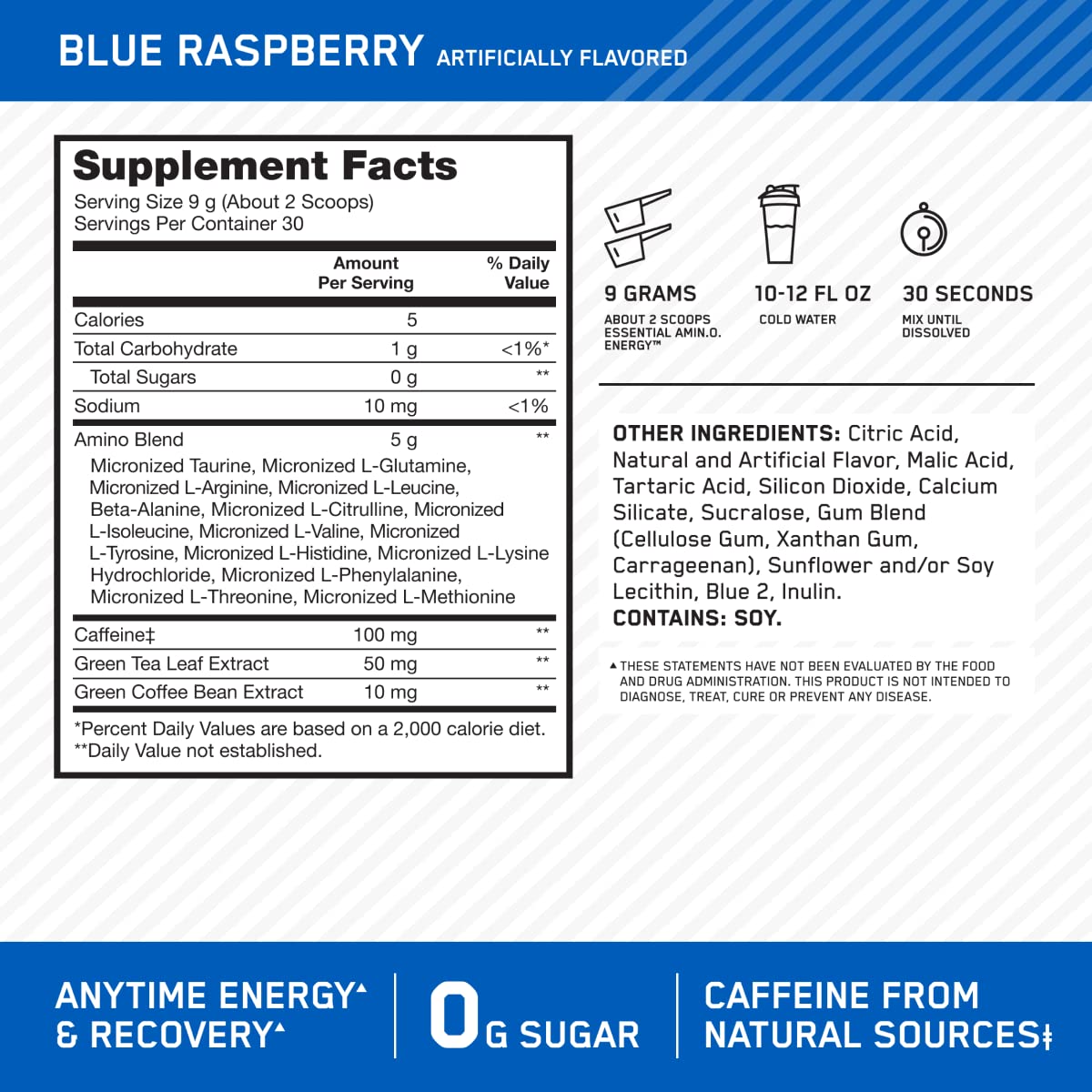 Optimum Nutrition Amino Energy Pre Workout Powder Blue Raspberry 9.5 oz