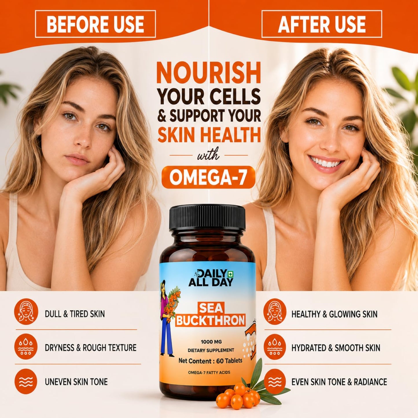 Daily All Day Sea Buckthorn Omega-7 1000mg Vegan Plant-Based Omega 3-6-7-9 & Antioxidants for Skin, Hair & Nails, Berry Extract Superfruit, Non-GMO, 60 Tablets