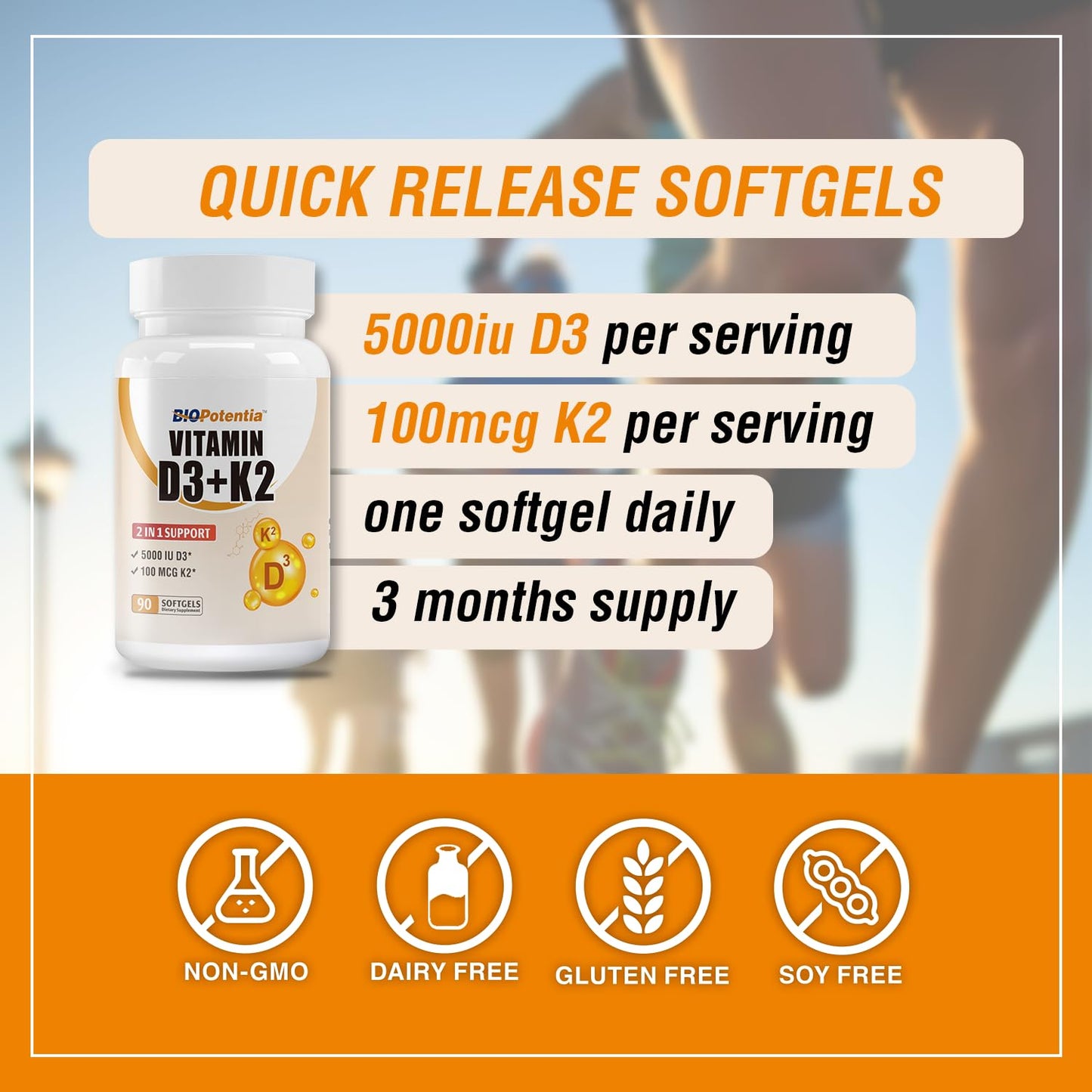 BIO POTENTIA Vitamin D3 K2 (MK7) Softgel Supplement with MCT Oil, 90 Softgels