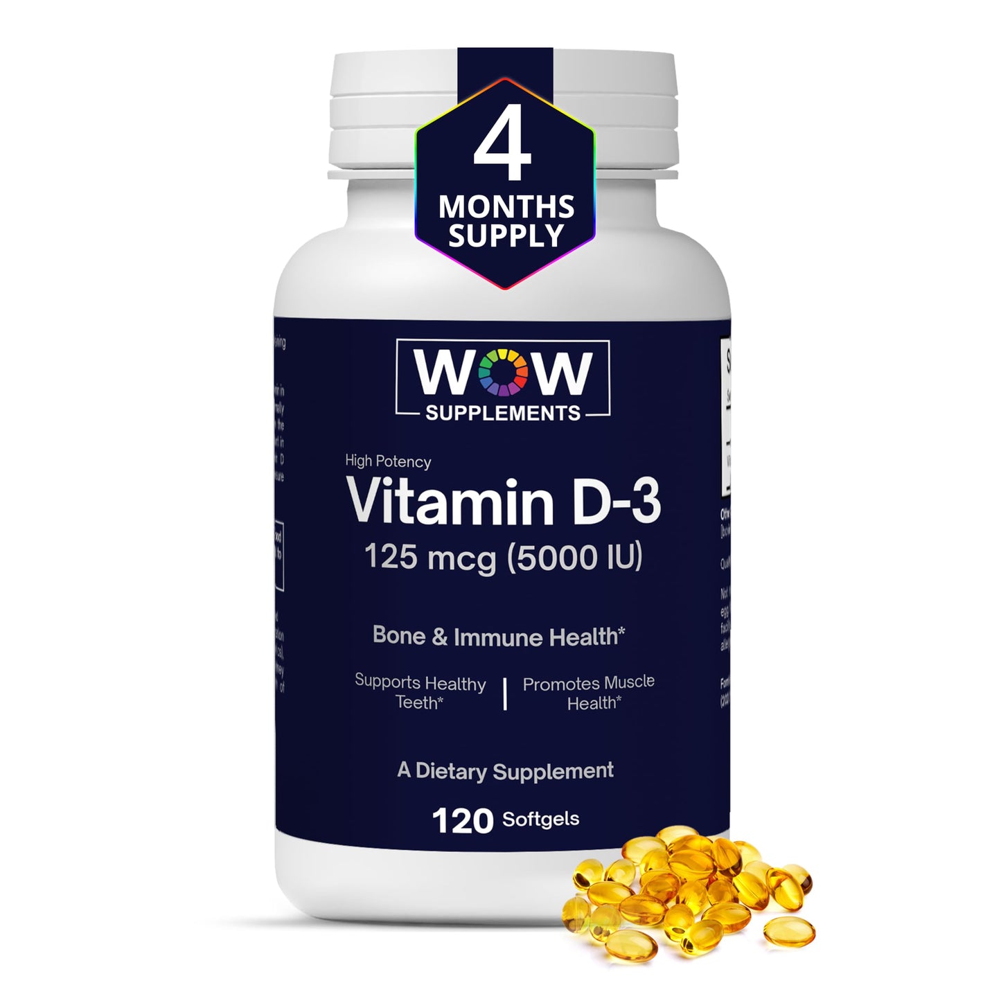 WOW Supplements Vitamin D3 5000 IU Softgels 120 Count