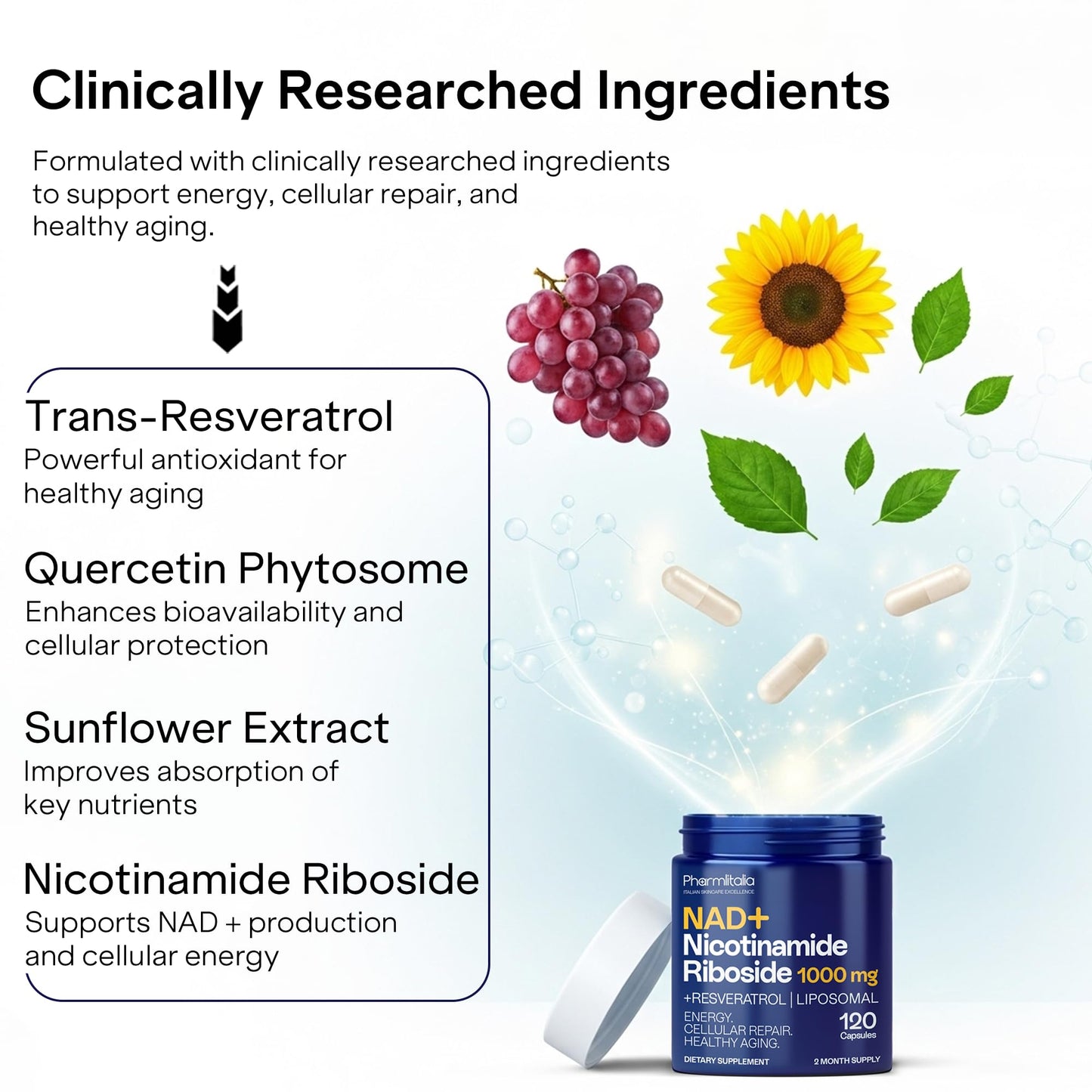 Pharmlitalia Liposomal NAD+ Supplement with Resveratrol Nicotinamide Riboside 1000 mg, NAD Supplements for Women & Men NMN Alternative, 120 Capsules