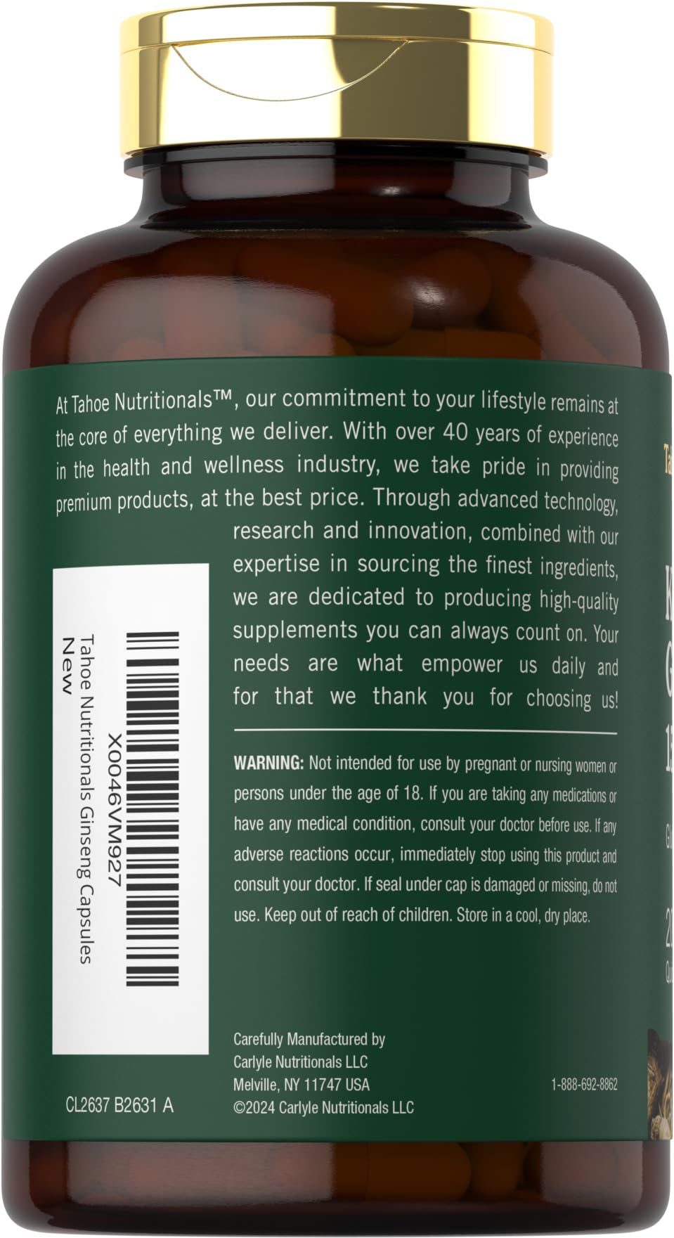 Tahoe Nutritionals Korean Panax Ginseng Extract 1500 mg Capsules, 200 Count