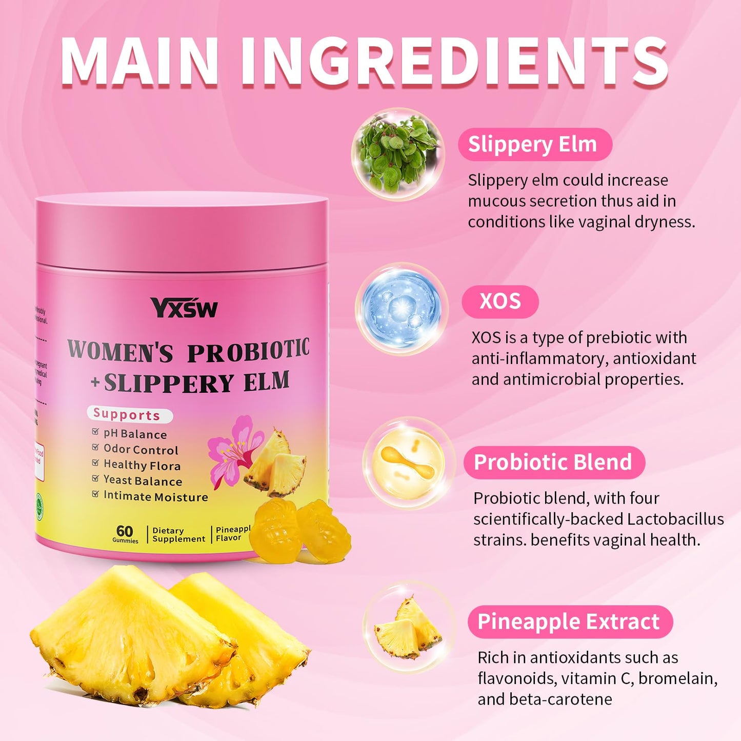 YXSW Women's Probiotics Slippery Elm Gummy 60 Count