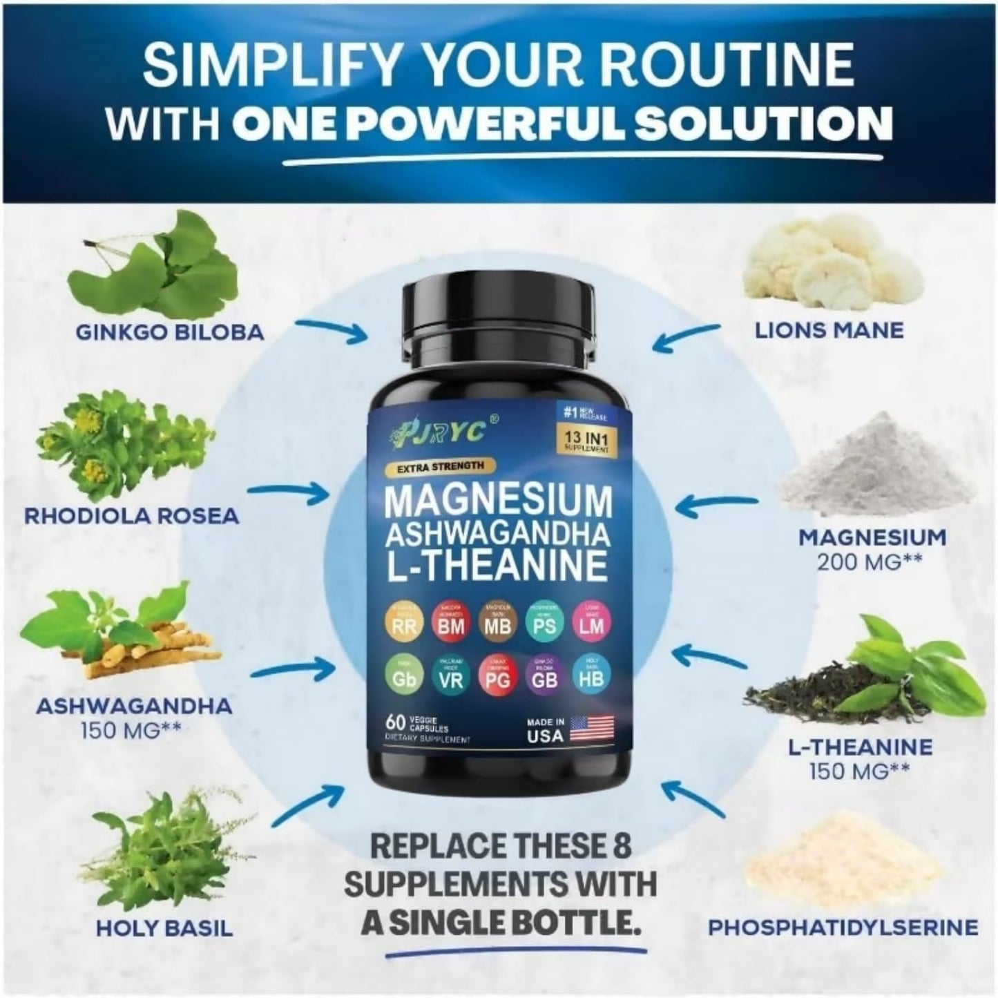 PJRYC Cortisol Support Supplement with Magnesium, Ashwagandha & L-Theanine Capsules 120
