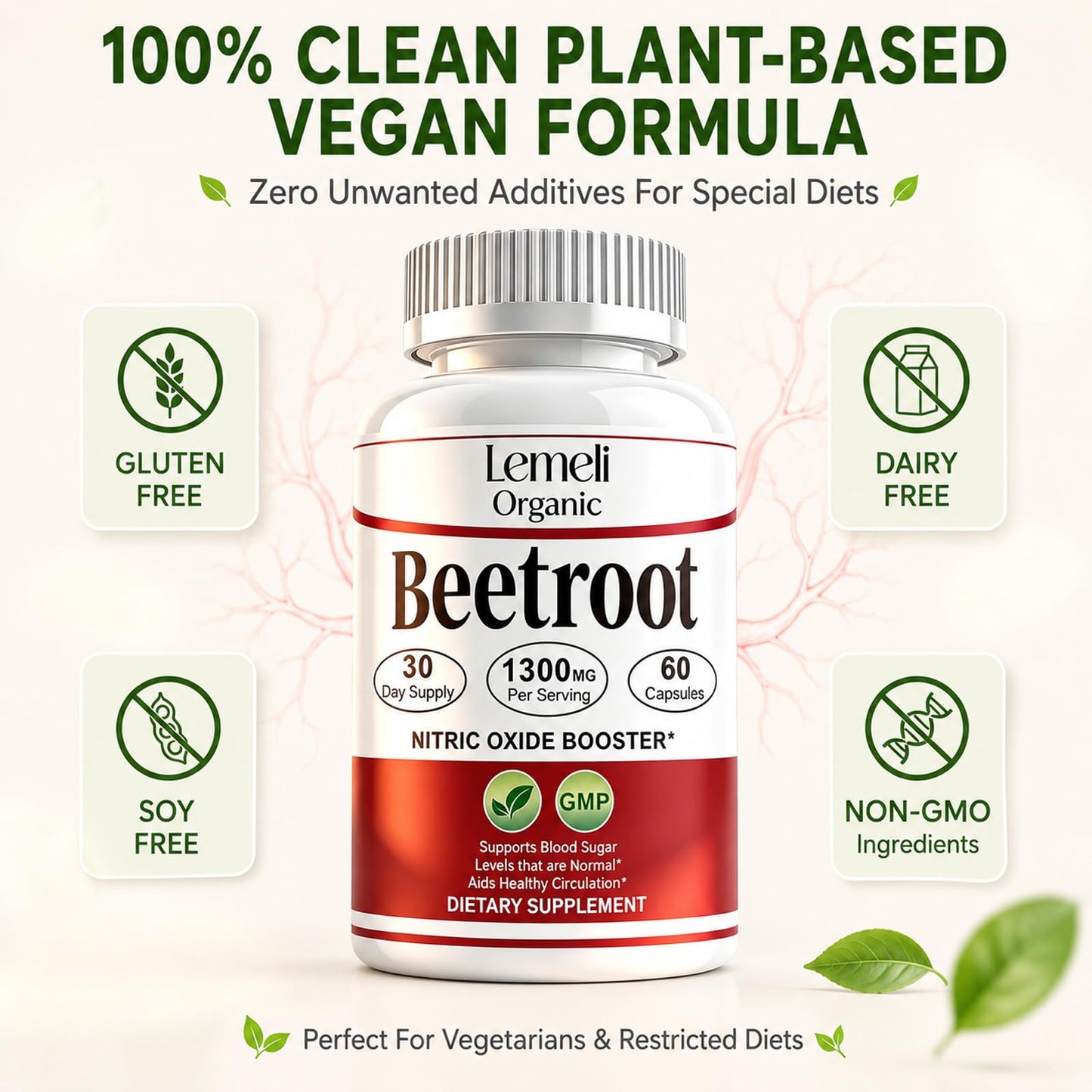 Lemeli Organic Beet Root Capsules 1300mg – Beetroot Organic Powder Extract Supplement, Energy, Circulation & Stamina – Non GMO, Gluten Free, Plant Based, 60 Capsules