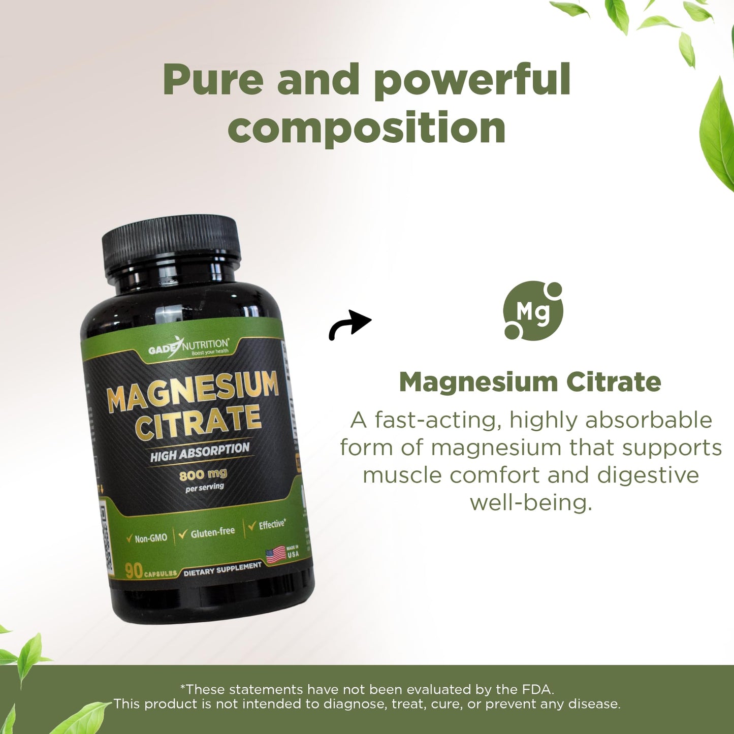 Gade Nutrition Pure Magnesium Citrate Supplement Capsule, 90 Count