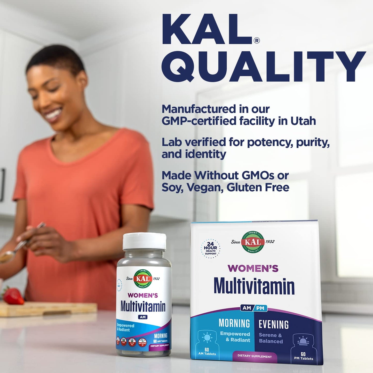 KAL Women's Multivitamin AM/PM 2-in-1 with Ashwagandha, Silica, Organic Spirulina & GABA for Cellular Energy, Bone Strength, Immune Support, Vegan, 120 Tablets