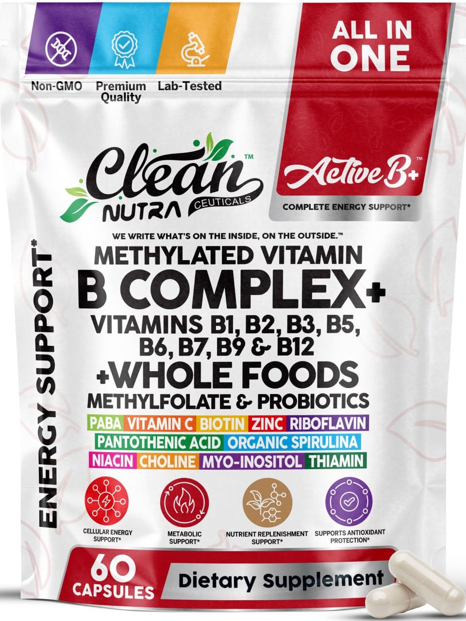 Clean Nutraceuticals Vitamin B Complex Methylated B Vitamins for Women, 60 Capsules