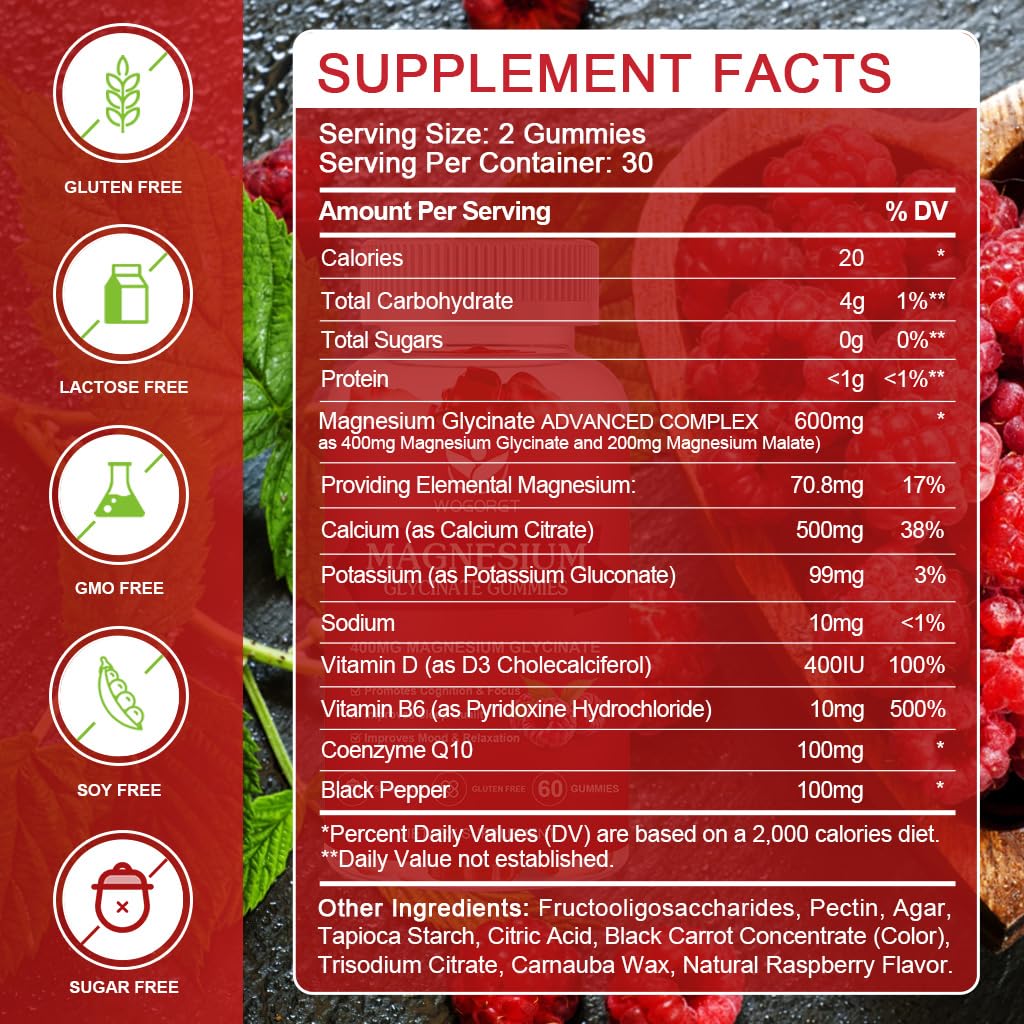 WOGORGT Magnesium Glycinate Gummies - 400mg Magnesium Glycinate with Vitamin D, B6, and CoQ10, Sugar Free, 120 Gummies