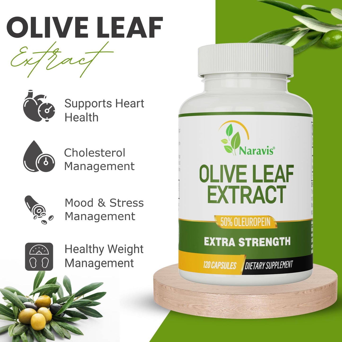 Naravis Olive Leaf Extract 50% Oleuropein Immune Support Capsules 120