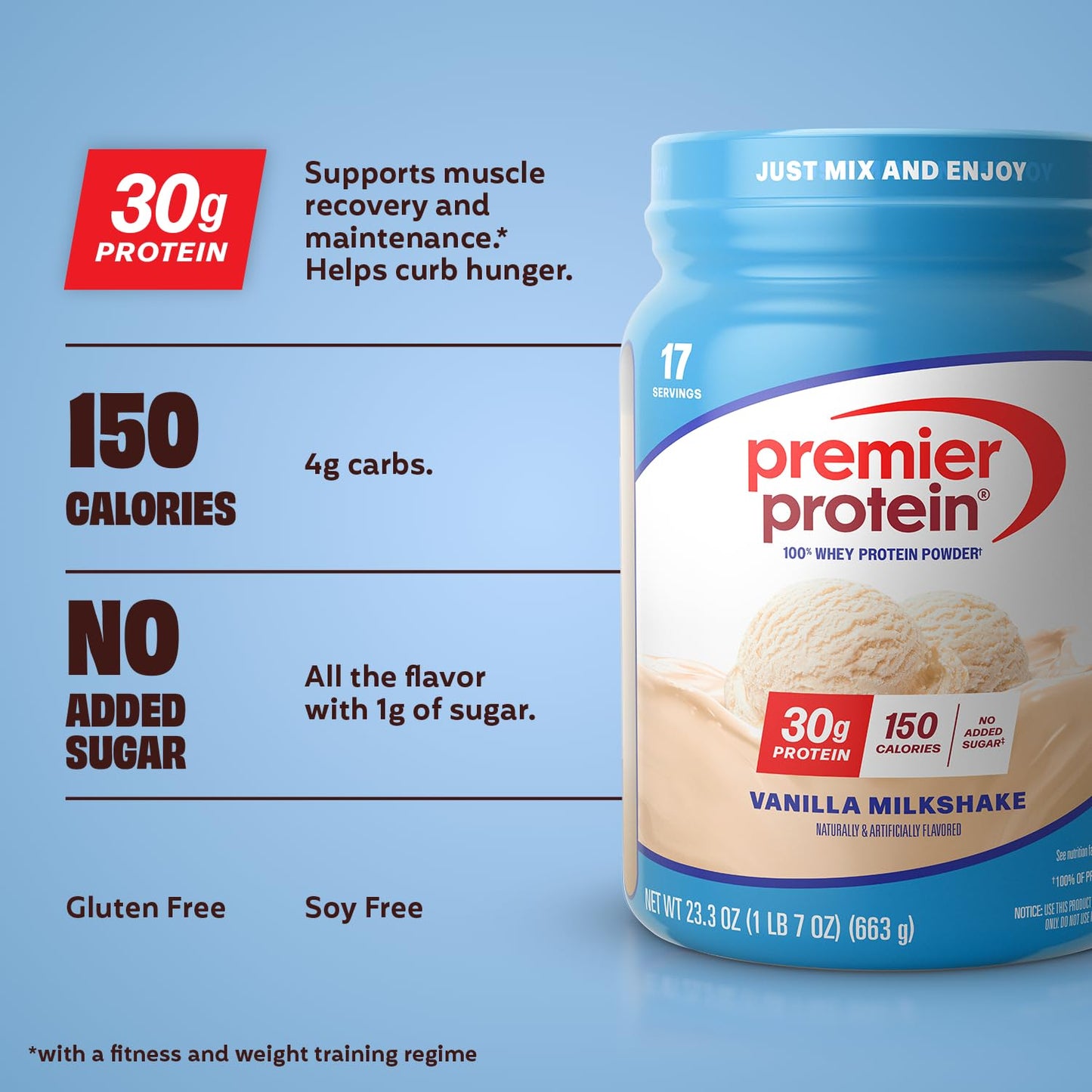 Premier Protein 30g High Protein Powder, 100% Whey, Vanilla Milkshake, 23.3 oz