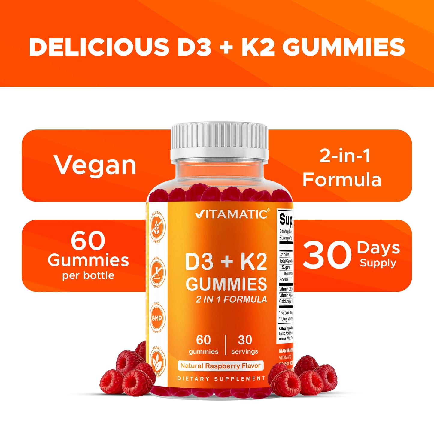 Vitamatic Vitamin D3 & K2 Gummies, 120 Count