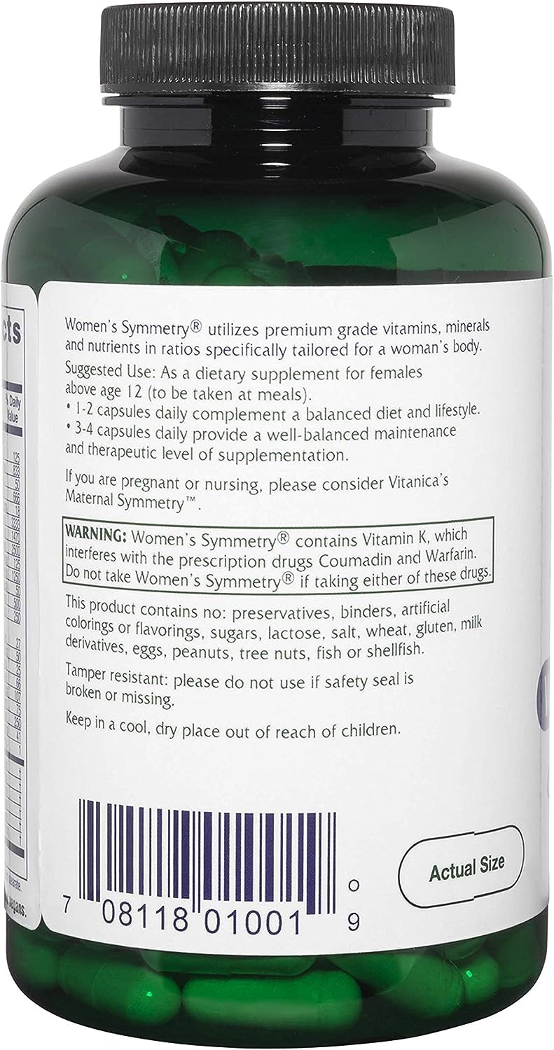 Vitanica Women's Symmetry High Potency Daily Multivitamin, Vegan/Vegetarian, Capsule, 180 Count