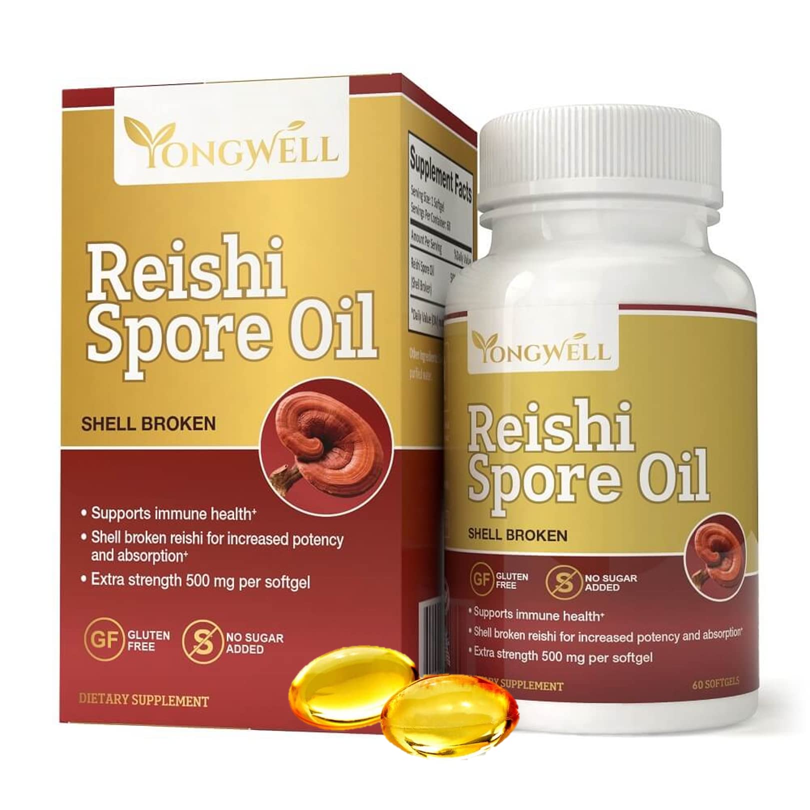 YongWell Reishi Spore Oil Shell-Broken Extra Strength 500mg Softgels 60 Count