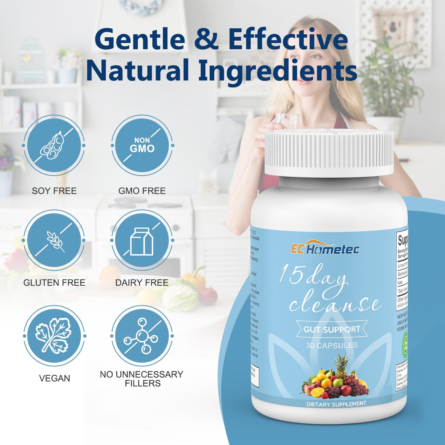 EC Hometec 15 Day Cleanse, Gentle Colon Detox with Senna Leaf & Kale, Natural Bloating Relief for Women & Men, 15-Day Gut Cleanse Supplement for Digestive Health, 30 Capsules