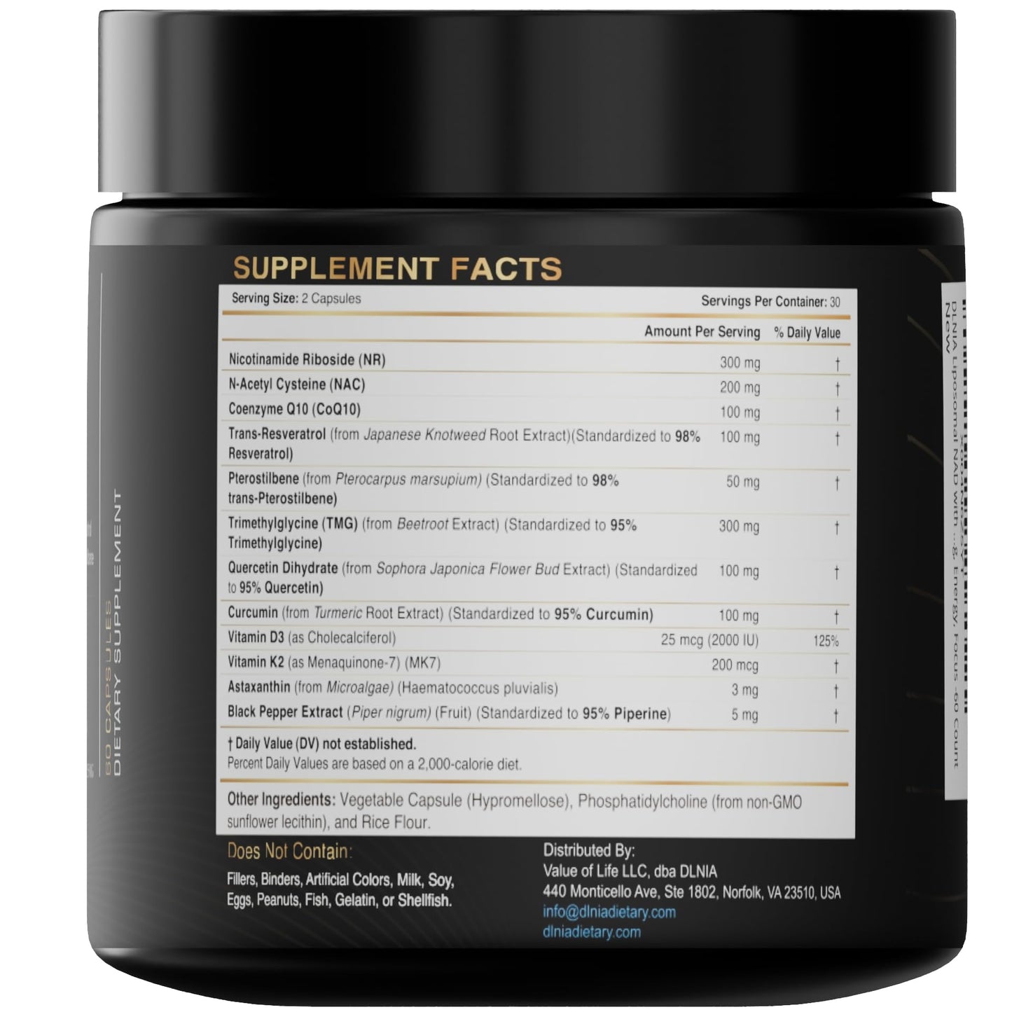 DLNIA NAD+ Supplement & NMN Alternative Liposomal Nicotinamide Riboside (NR) 1258 mg with Resveratrol, Quercetin, Pterostilbene & CoQ10, 1 Capsule
